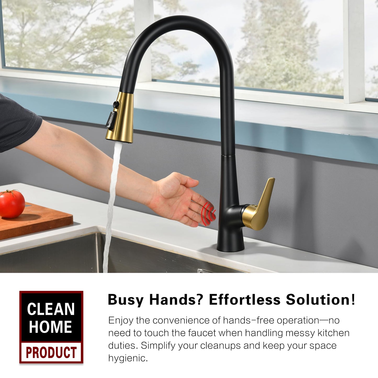 sumerain Hands-Free Touchless Kitchen Sink Faucet Single Handle Black and Gold Motion Sensor Pull Down Kitchen Faucet