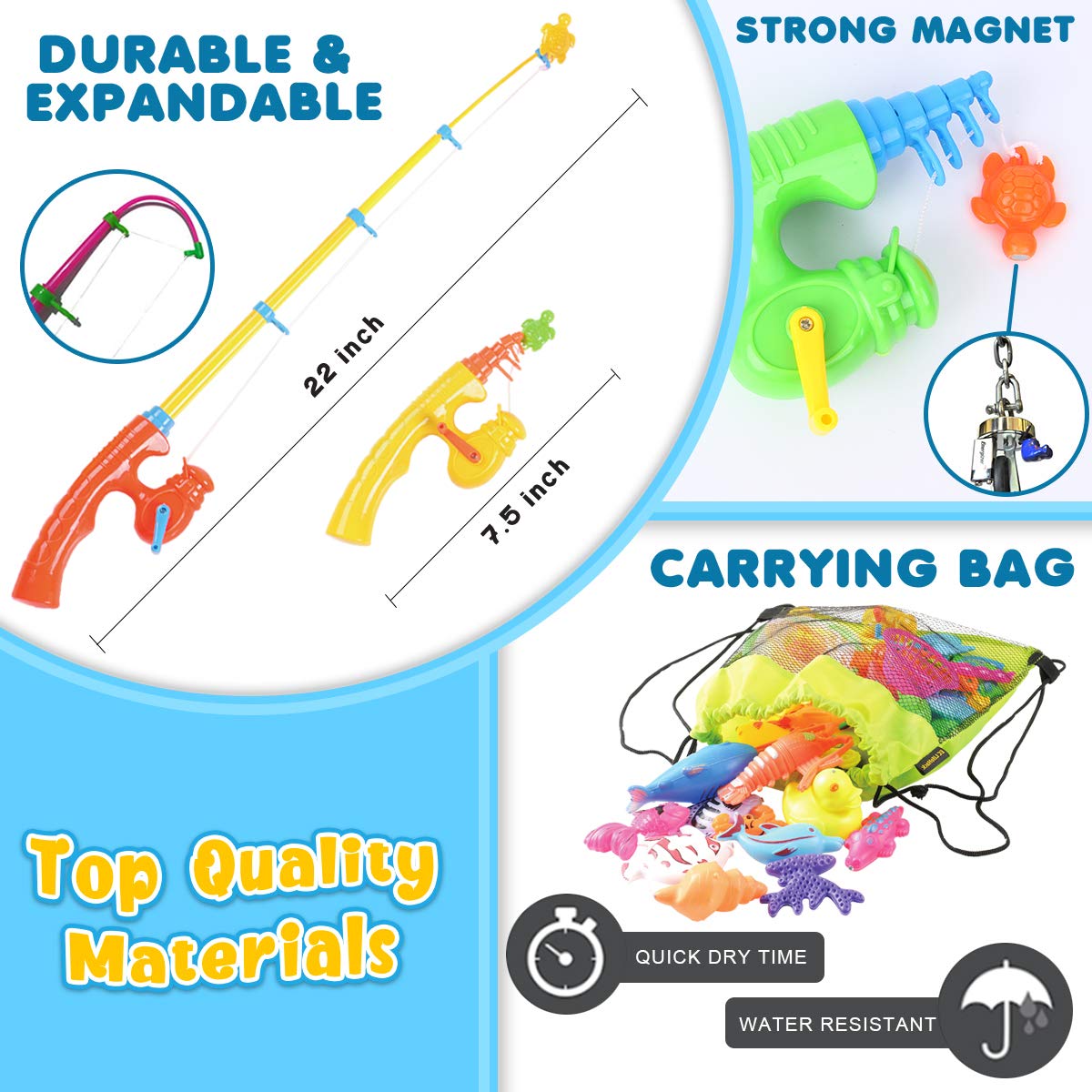 Goody King Magnetic Fishing Game Pool Party Pole Rod Net - Bathtub Outdoor Indoor Carnival Party Water Table Fish 4 Players Gift Age 3-5 6 4-8 (Large)