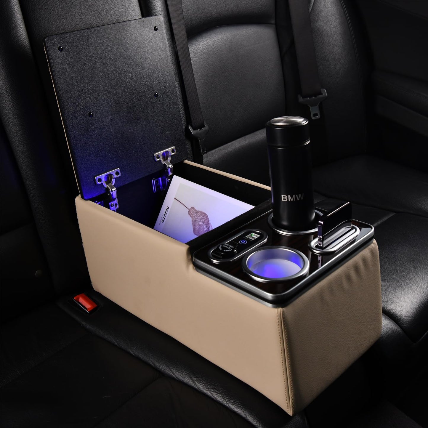 Coverado Car Center Console, Universal Rear Bench Seat Consoles, Back Seat Car Organizer, Seat Organizer with Cup Holder+Phone Holder, Central Armrest Box Back Seat Storage Box (Upgraded, Beige)