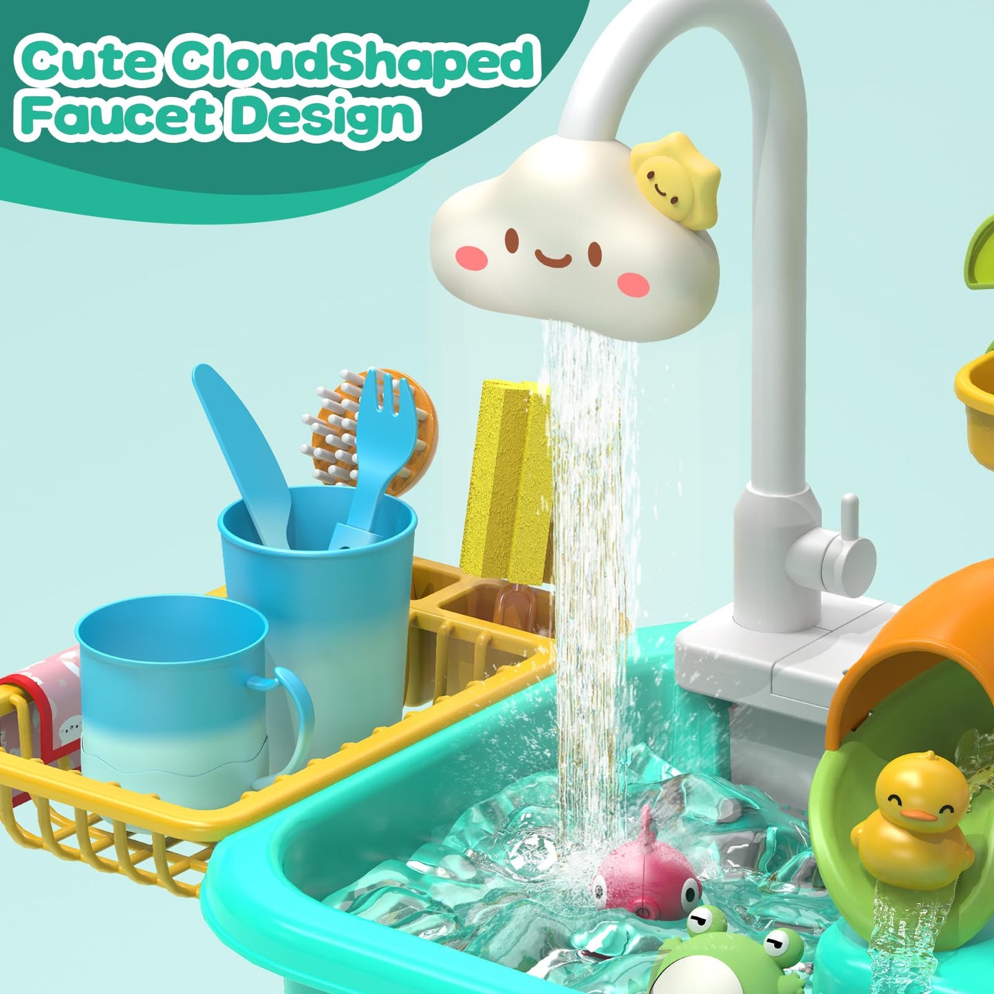 4-in-1 Electric Water Table Toy for Toddlers 1-3,Kitchen Play Sink Toys with Running Water for Kid with Water Pump,Animals, Food, Tableware,Color Changing Pretend Role Birthday Toy for Boy and Girl