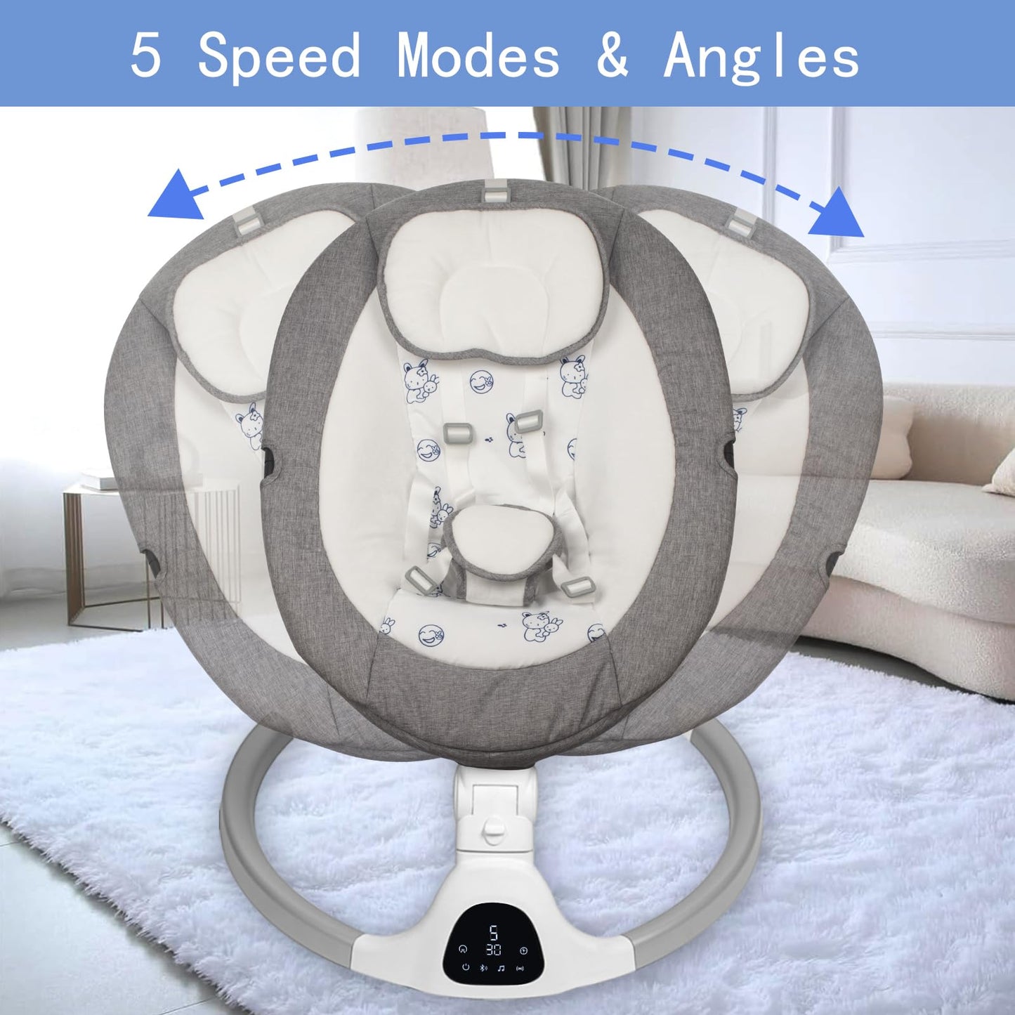 Baby Swing for Infants to Toddler Portable Babies Swing Timing Function 5 Swing Speeds Bluetooth Touch Screen Music Speaker with 10 Preset Lullabies 5-Point Carabiner