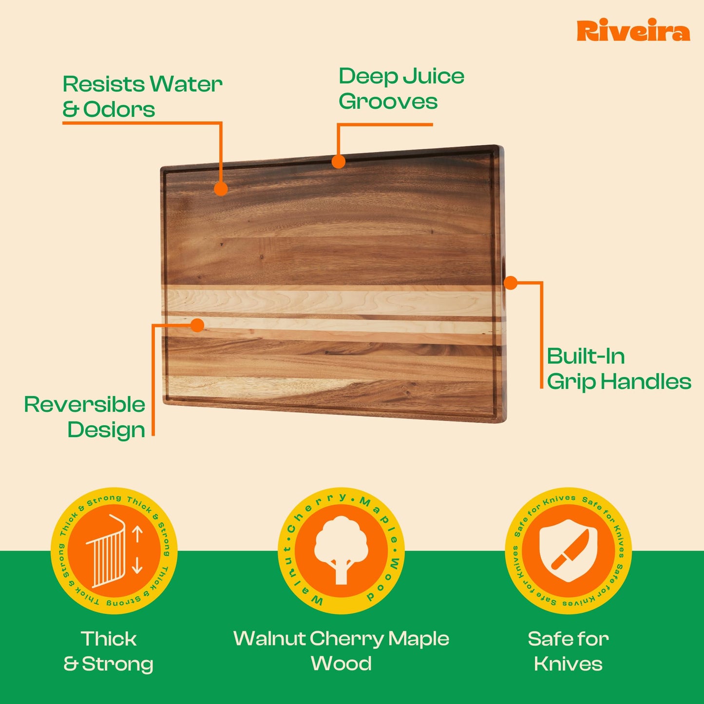 Riveira Walnut, Maple & Cherry Wood Cutting Boards for Kitchen – Large 30x20 Non Toxic Wooden Cutting Board with Juice Grooves – Premium Wood Cutting Board & Serving Board for Cooking & Charcuterie