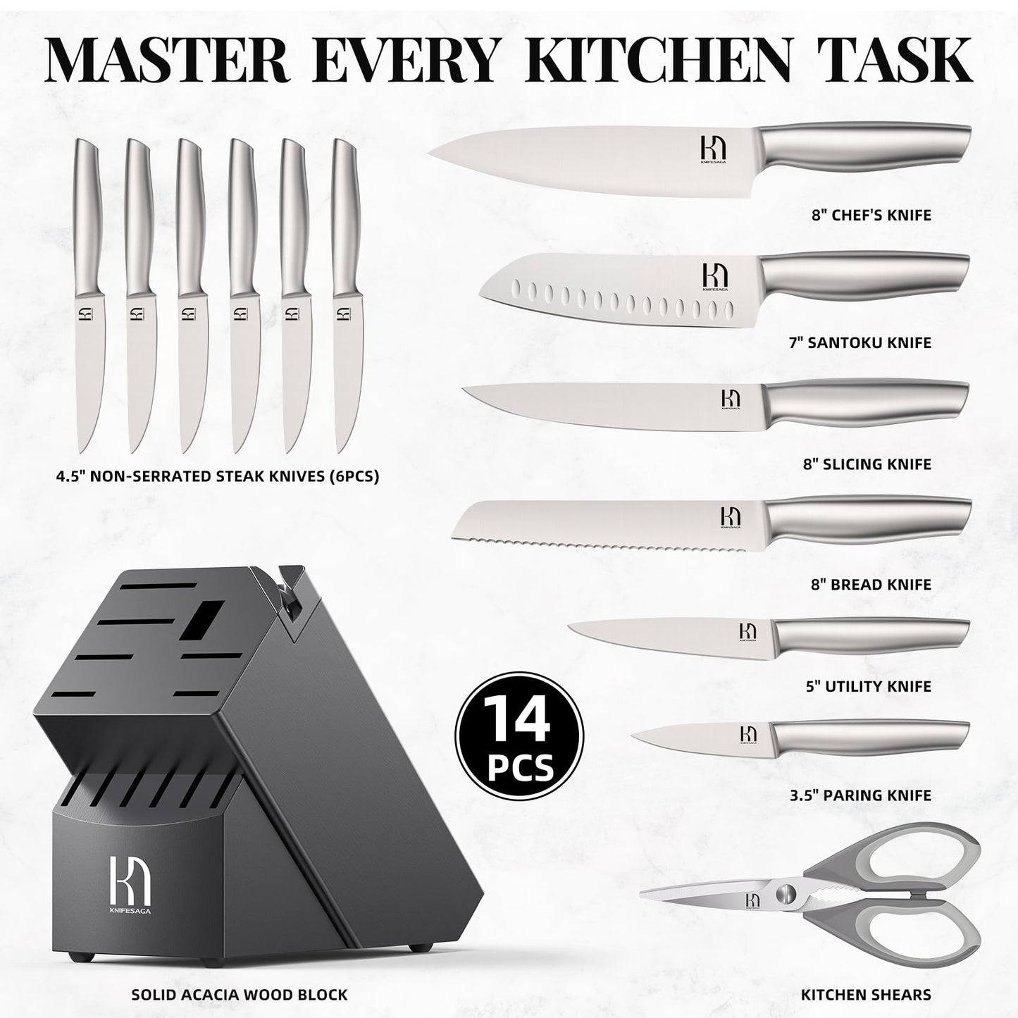 KnifeSaga Knife Set Premium, Kitchen Knife Block Set 14 Pcs Japanese High Carbon Stainless Steel Enduring Razor Sharp, Black Chef Knives Set for Kitchen with Built-in Sharpener and Acacia Wood Block