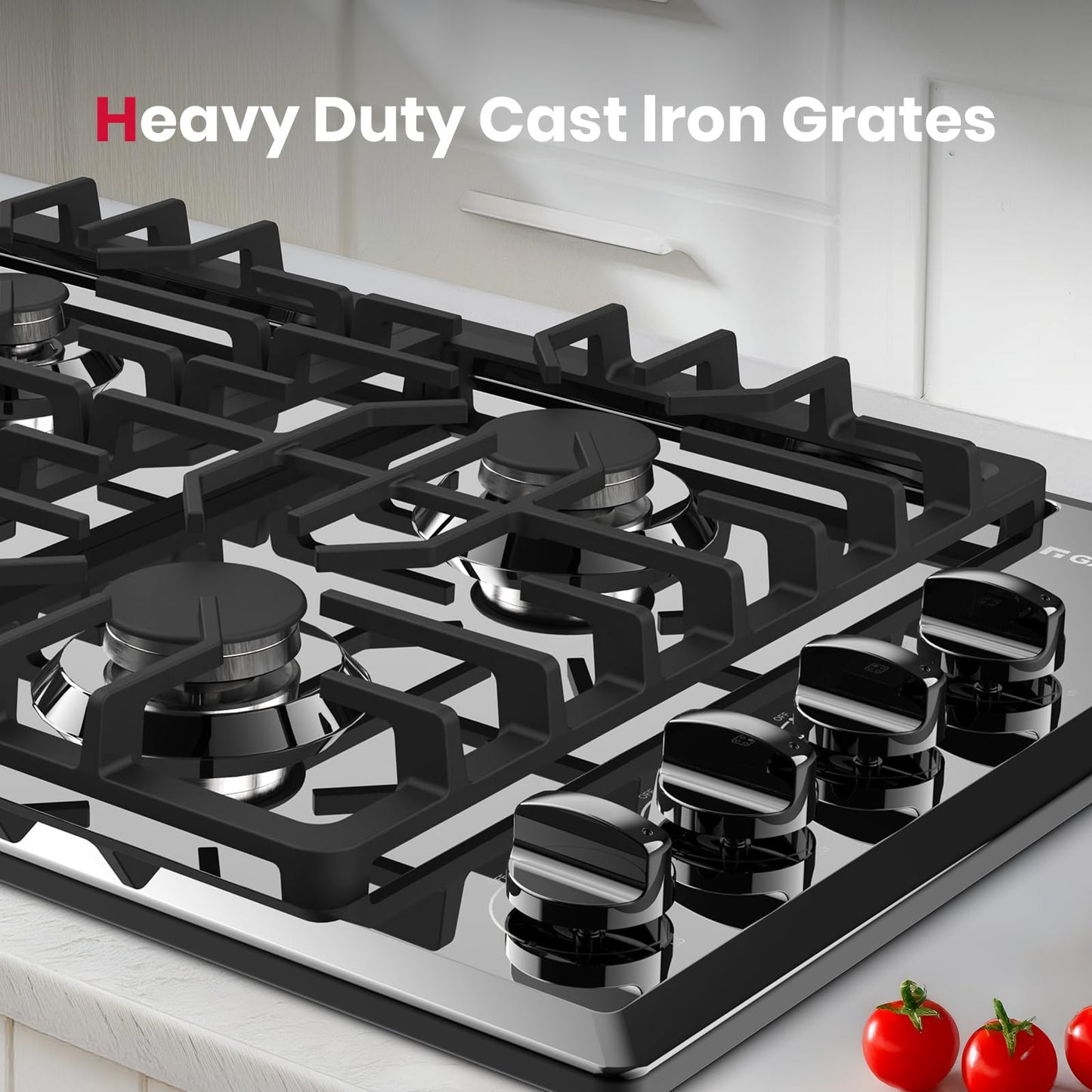GASLAND 30 Inch Gas Cooktop Black, 4 Sabaf Sealed Burner Gas Stovetop, 4 ft Cord Plug, Cast Iron Grates with Metal Knobs, 28,300 BTU NG/LPG Convertible, Thermocouple Protection, CSA Certified