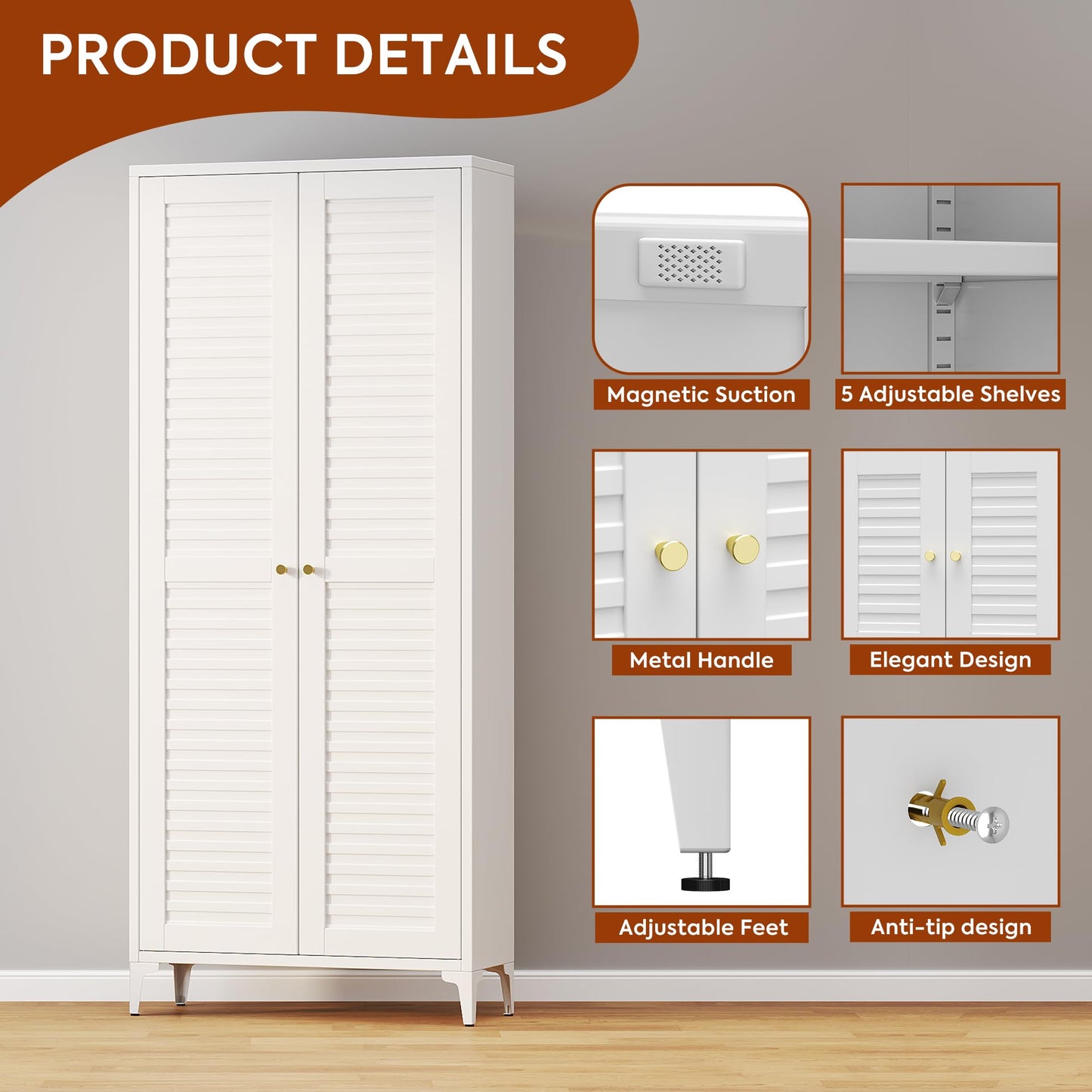 GangMei Metal Kitchen Pantry Cabinet with 2 Doors,Metal Pantry Cabinet with 5 Adjustable Shelves for Kitchen,Home,74.2" H × 31.5" W × 15.75" D,Required Assembly, White