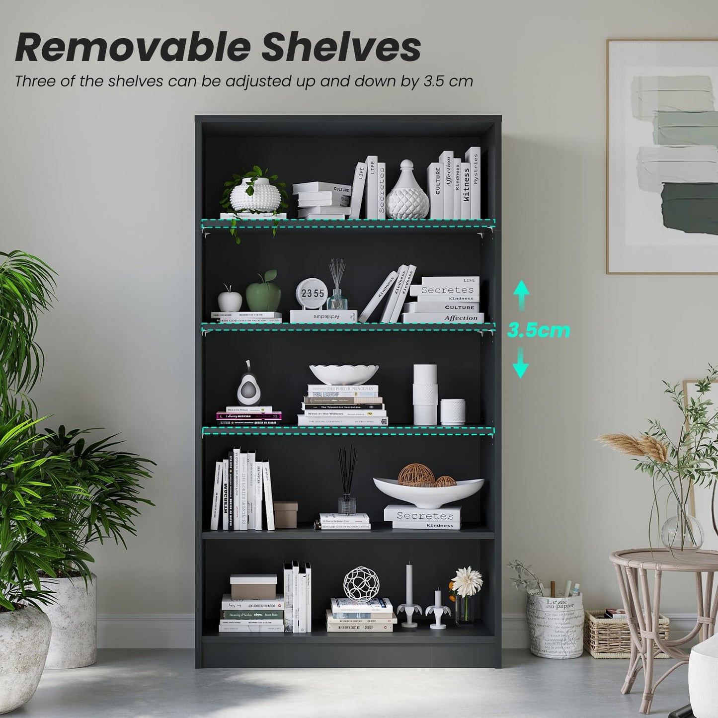 i-VTIES 5-Tier Bookshelf,60inch Tall Bookcase with Adjustable Shelves,Modern Display Book Shelf,Wood Storage Shelves for Bedroom, Office, Living Room & Library（Black）