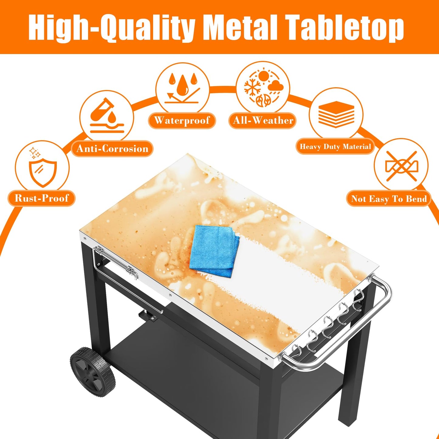 GRILL FORCE Grill Table, Movable Dining Cart, Pizza Oven Table Stand, Double-Shelf Grill Stand, Food Prep and Work Cart with Wheels, Hooks, Fits for Blackstone Ninja
