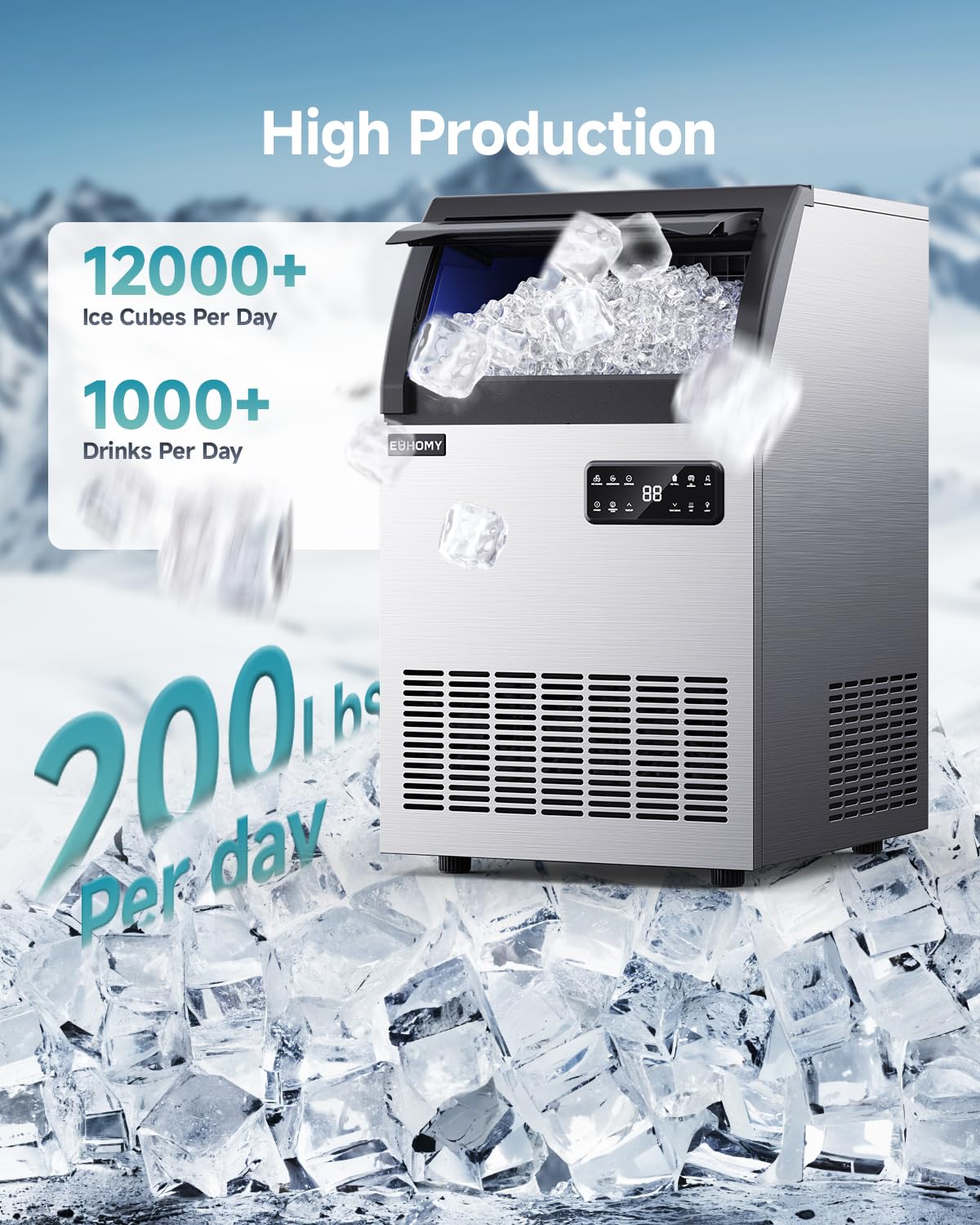 EUHOMY Commercial Ice Maker,200lbs/24H,Stainless Steel Under Counter Ice Machine with Water Filter,33lbs Storage Capacity, 84 Cubes in 8-12 Mins, Freestanding Ice Machine for Home/Bar/Cafe/Restaurant