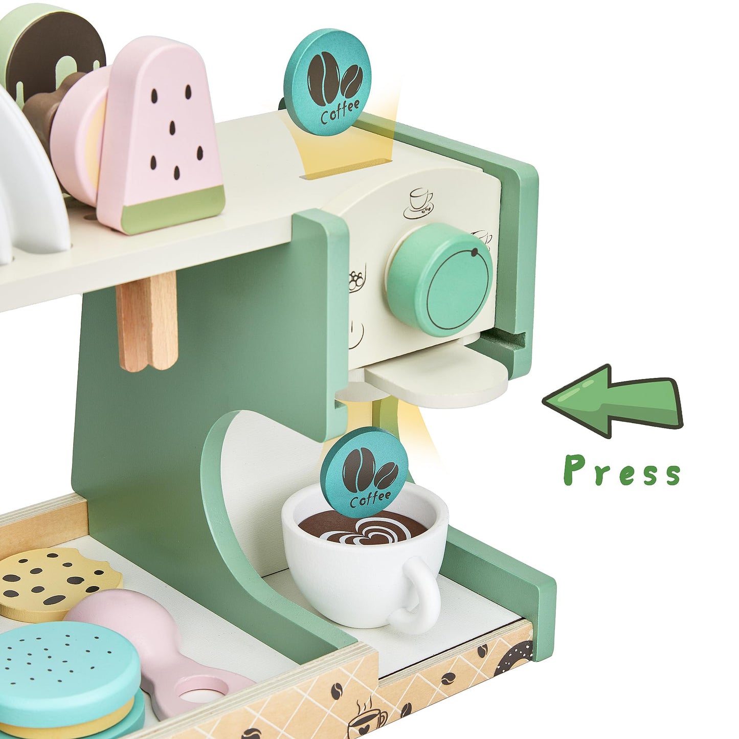Wooden Ice Cream Toy, 3-in-1 Ice Cream Counter with Coffee Maker 28 PCS Toddler Pretend Play Kitchen Accessories Wooden Toys for 3 4 5 6 Year Old Girl or Boy (Ice Cream)