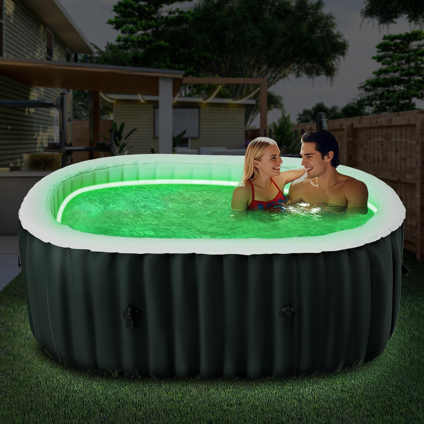 Inflatable Blow Up Hot Tub with LED Lights, 2 Person Oval Portable Hot Tub, Leak-Proof PVC Outdoor Spa with 100 Air Jets, Pump and Insulated Cover, Side Table, 75” X 47”X 25”