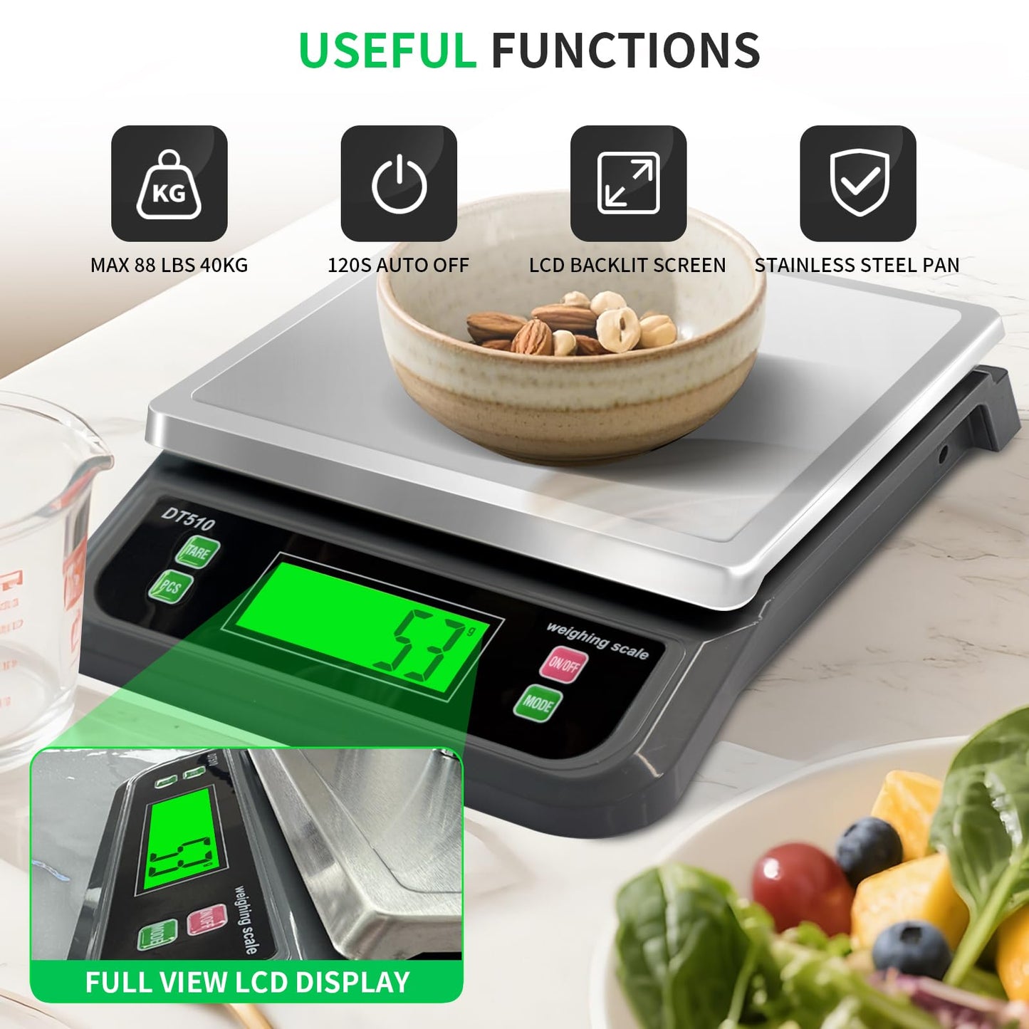 Large Food Scales for Kitchen 88lbs/40kg Digital Food Scale with Tare and PCS Funtion Stainless Stee Tray Baking Scale for Cooking with Adapter, 6 Unit (Grey, 40kg)