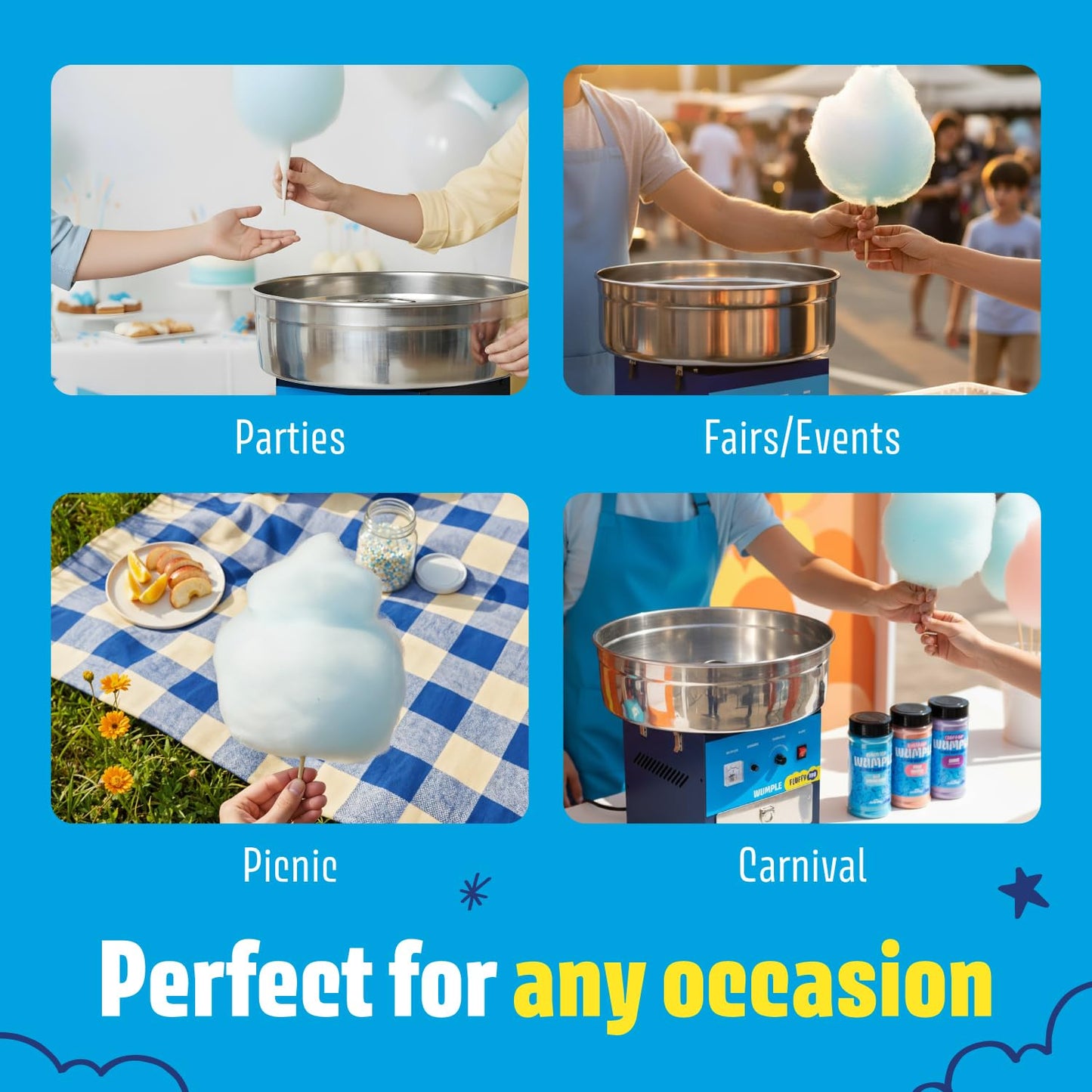 Wumple - Cotton Candy Machine Pro, Commercial Electric Maker with Drawer & Large Stainless Steel Bowl, Perfect for Parties and Business (Blue)