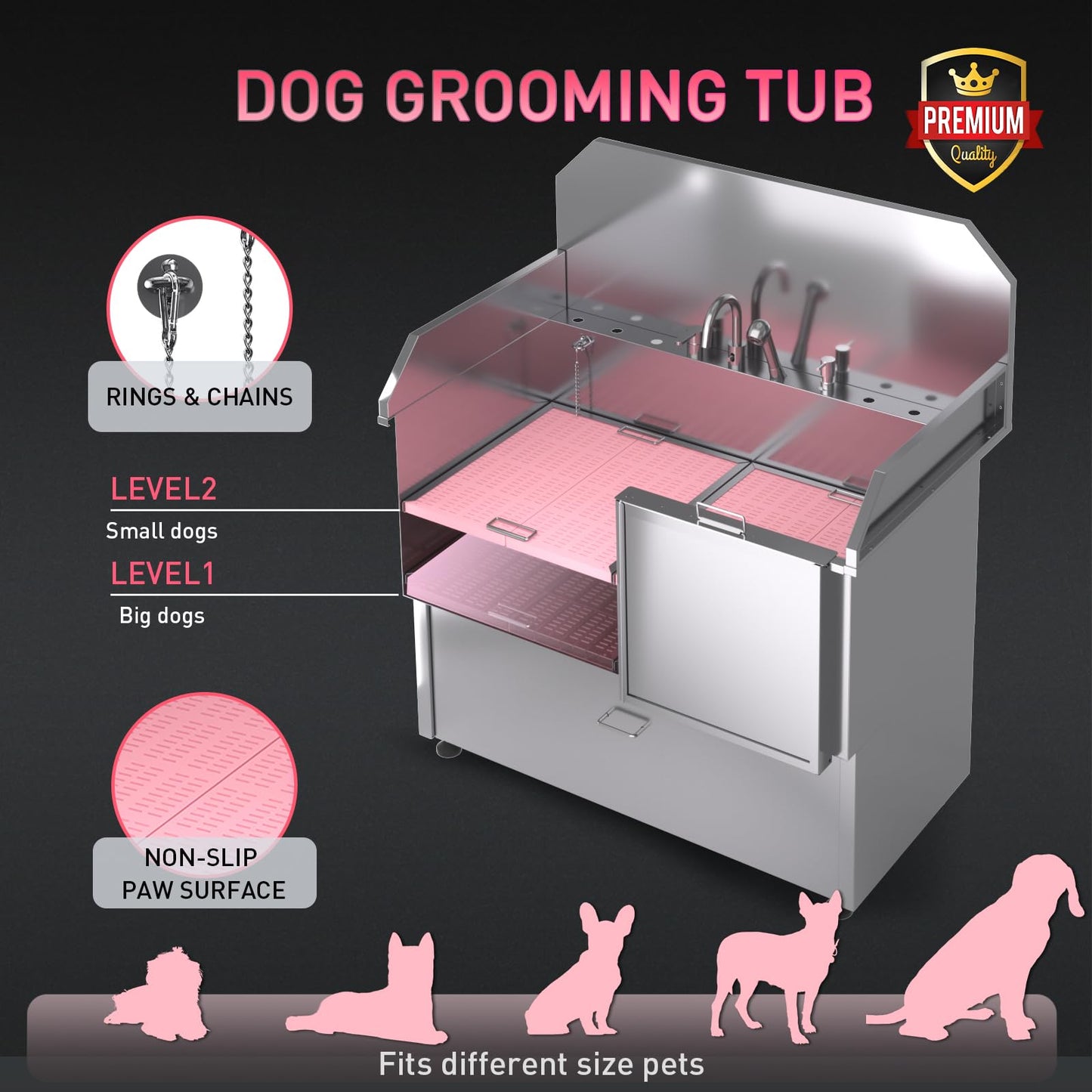 BATHKITS Dog Washing Station – 50 inch Professional 304 Stainless Steel Grooming Tub w/Ramp, Drawer, Faucet & Floor Grate, Dog Bathing Station for Large, Medium & Small Pets, 19" Leak-Proof Deep Soak
