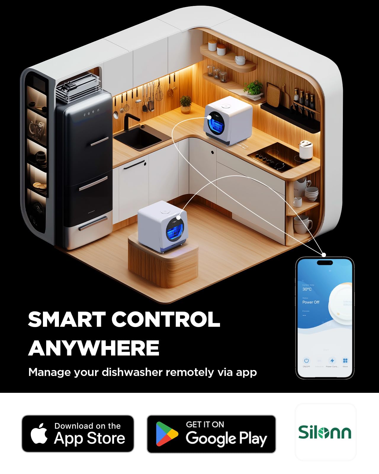 Silonn Portable Countertop Dishwasher | Smart App Control, Triple-Jet Cleaning, Built-In Water Tank & Dual Supply | Compact for Dorm, Apartment, RV