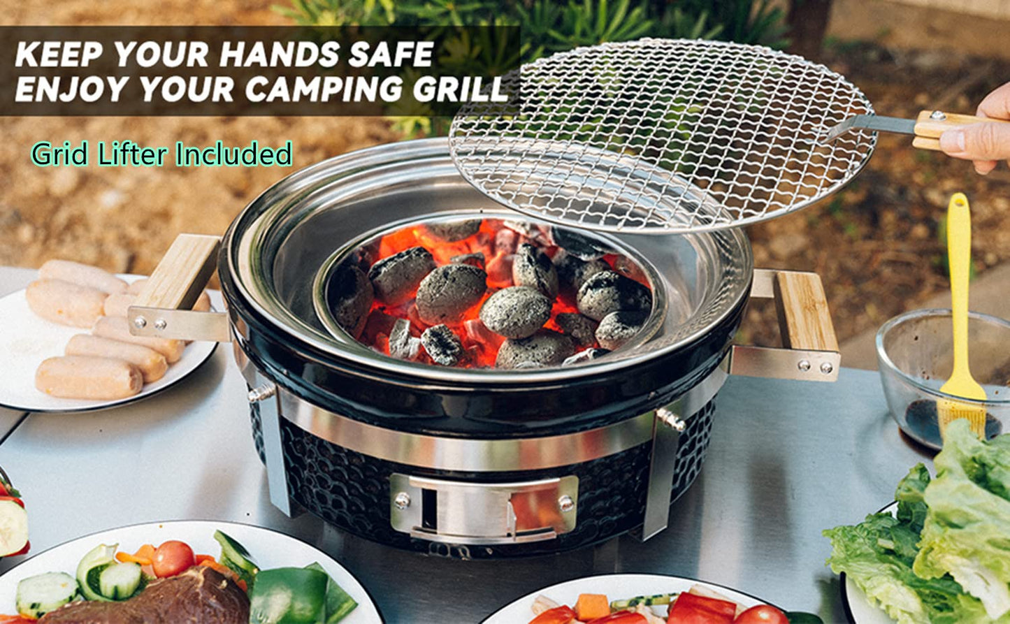 ONLYFIRE GRILLS Ceramic Hibachi Charcoal Grill with Grid Lifter, 14" Portable BBQ Yakitori Grill with Stainless Steel Grate for Outdoor Patio Backyard Barbecue Cooking, GS305