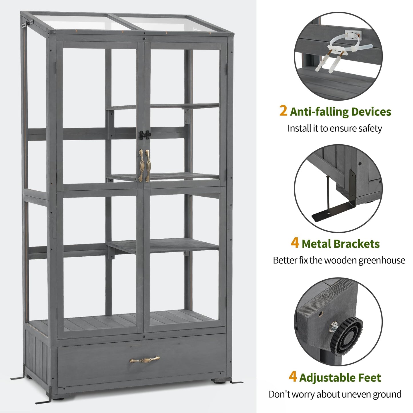 Macrout Cold Frame Greenhouse, Tall Wooden Greenhouse for Outdoor Indoor Use with Polycarbonate Panels, 3 Tier Garden Cold Frame with Drawer and Shelves, 0864 (Dark Grey)
