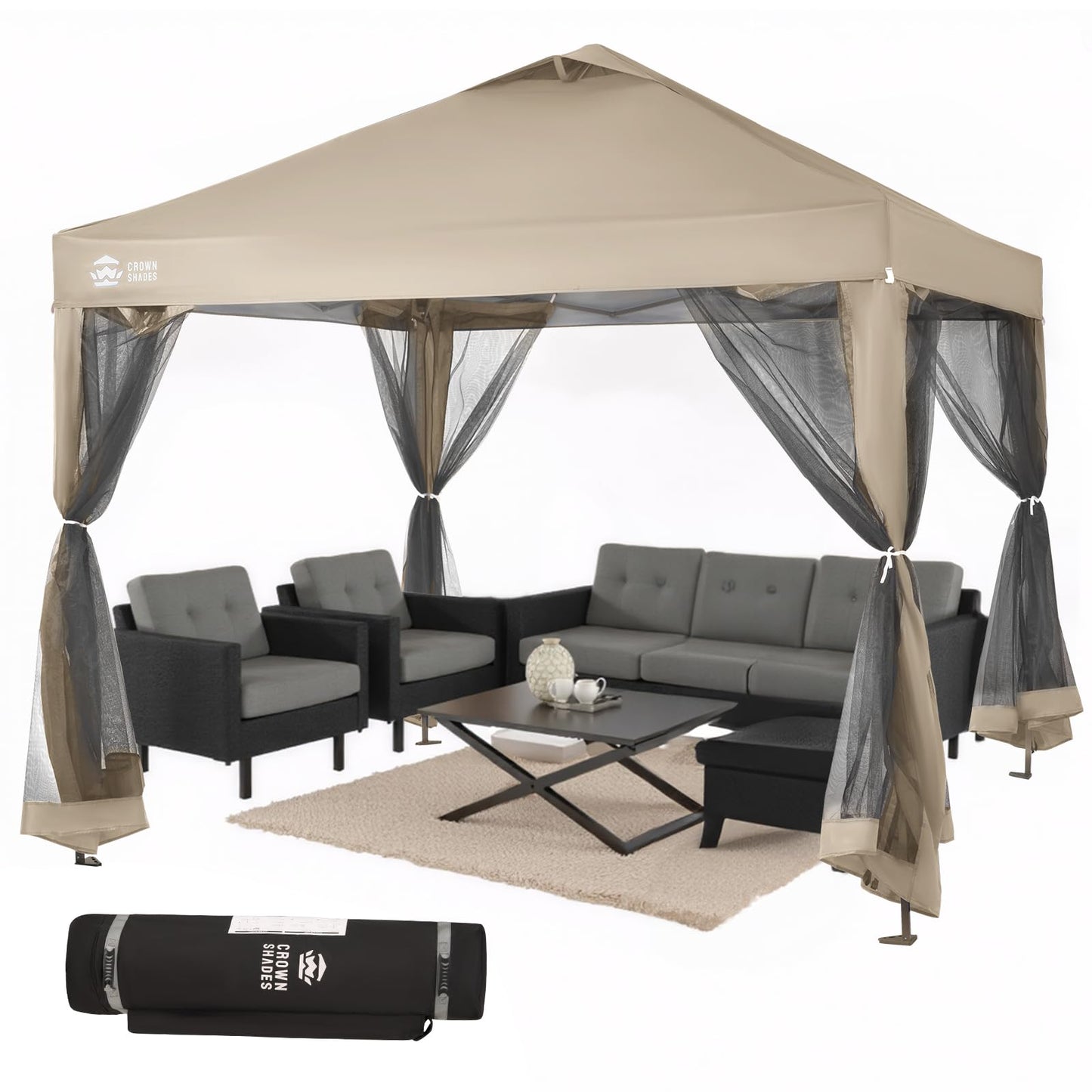 CROWN SHADES Gazebo 10x10 Pop Up Canopy with Mosquito Netting, Screen Tent with 4 Ropes, 8 Stakes, 4 Sandbags and Wheeled Storage Bag, Canopy for Patio & Backyard Parties,Camping&Events -(Beige)