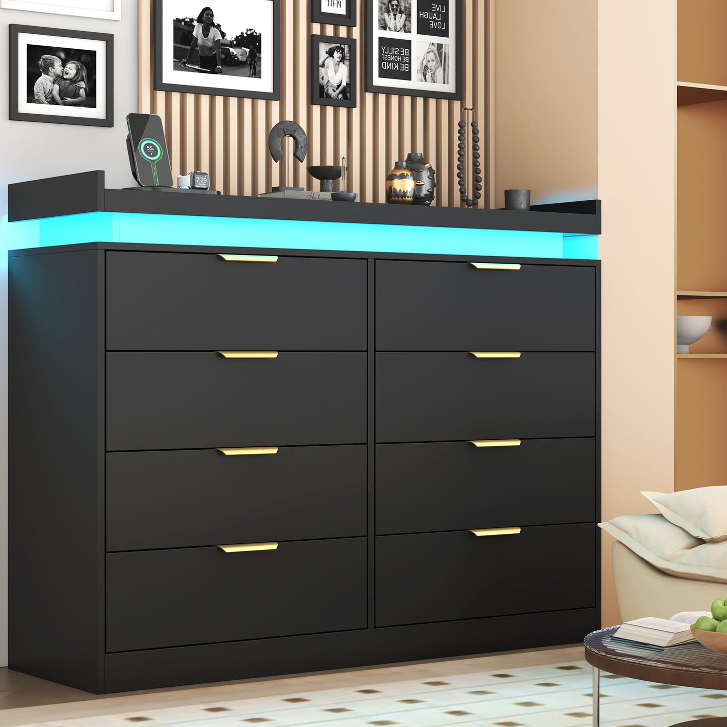 knoworld 8 Drawer Dressers for Bedroom, Black Dresser with LED Lights and Power Outlet, Wood LED Dresser, Double Wide Modern Chest of Drawers for Bedroom, Entryway, Hallway
