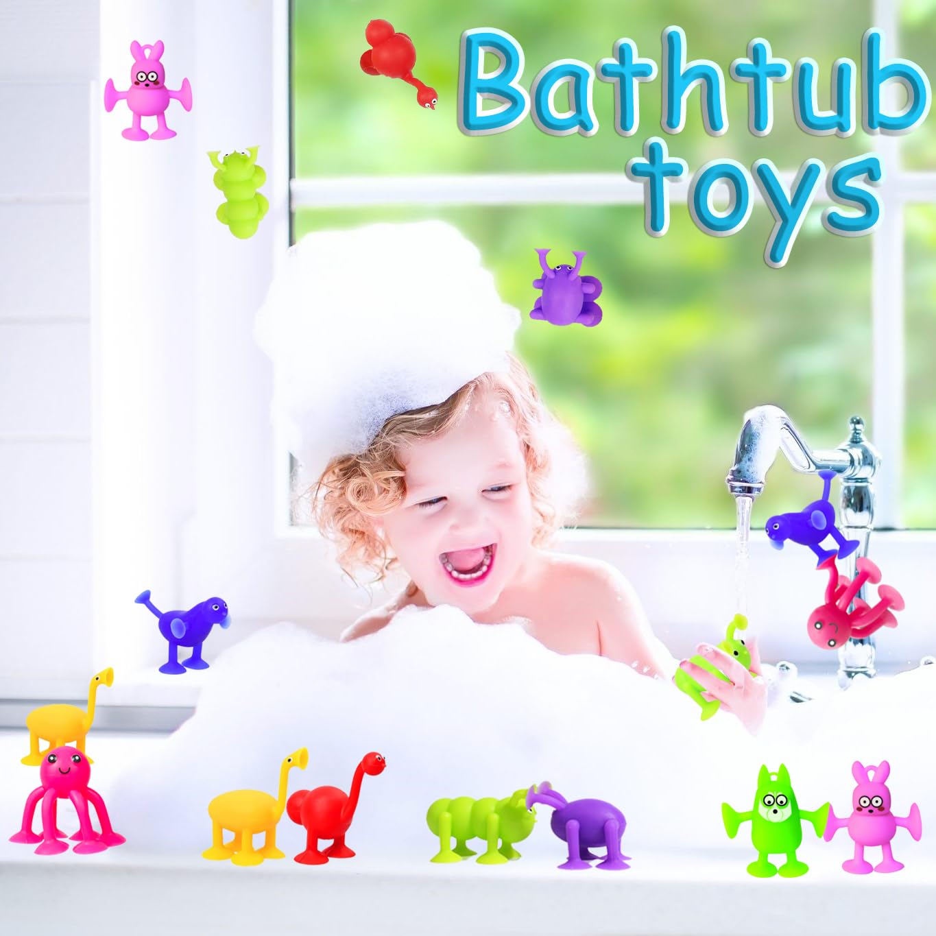 Toddler Suction Cup Bath Toys, Easter Basket Stuffers Animal Bath Toys for Kids Ages 1 2 3 4 5 Mold Free Bathtub Window Building Toys Christmas Stocking Stuffers Boys Girls Large Egg Container