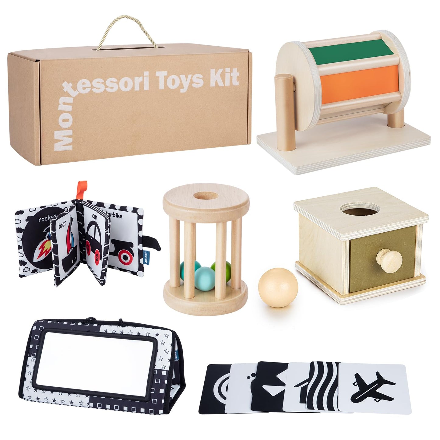 Starrykids Montessori Toys for Babies 0-6 Months, 6 in 1 Learning Educational Set for Newborn, Toddlers Gifts Includes Spinning Drum, Object Permanence Box, Baby Roller Tummy Time Mirror and More