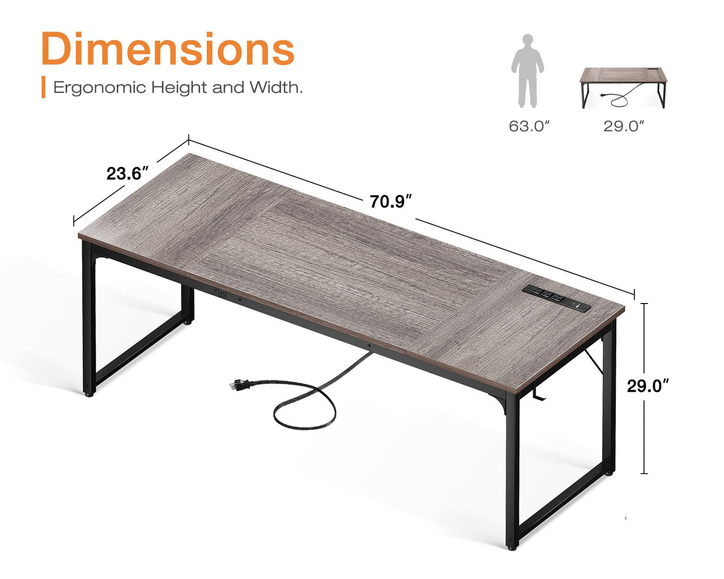 Coleshome 71 x 24 Inch Computer Desk with USB Ports, Large Office Desk, Long Study Student Writing Desk, Grey Oak
