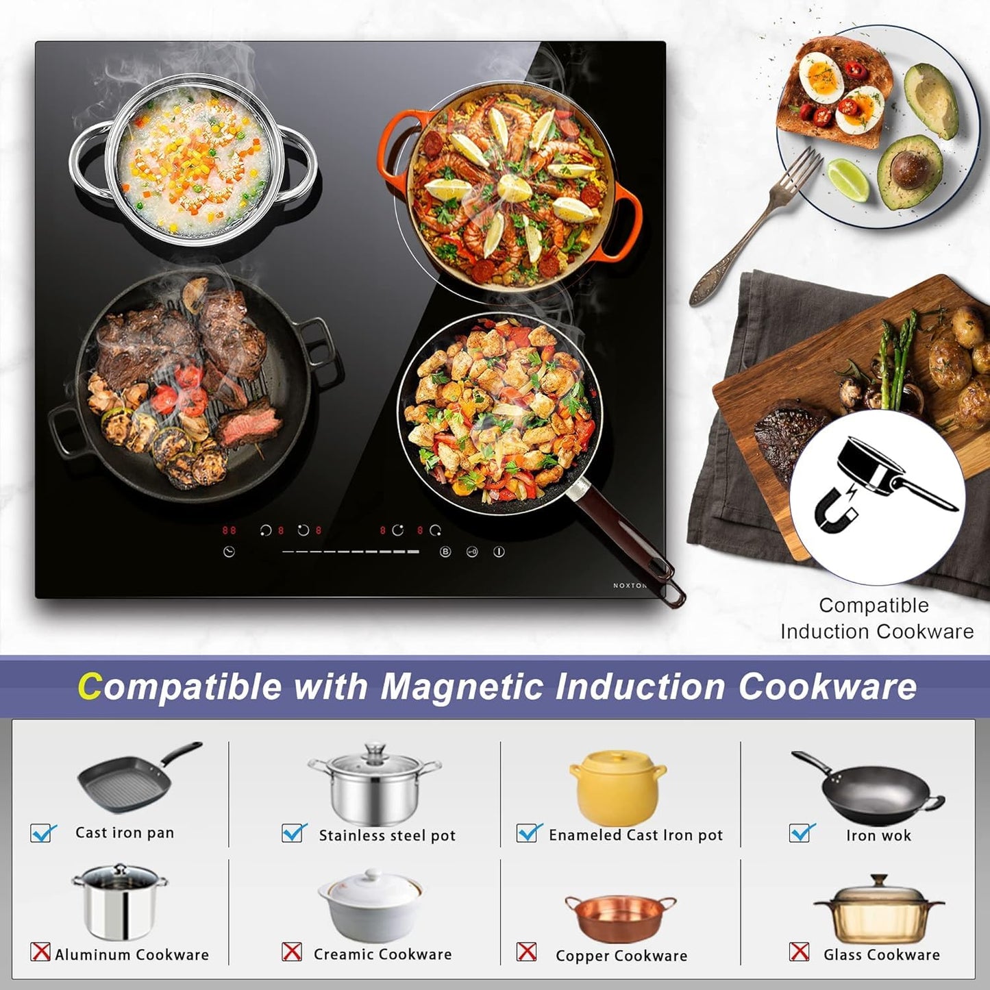 Noxton Induction Cooktop 4 Burners, 24 Inch Induction Stove Slide Touch Control, 9 Power Level, Fast Heating Boost Function, Timer, Safe Lock, Built-in Electric Cooktop, 8200W, 220~240v Hard Wire