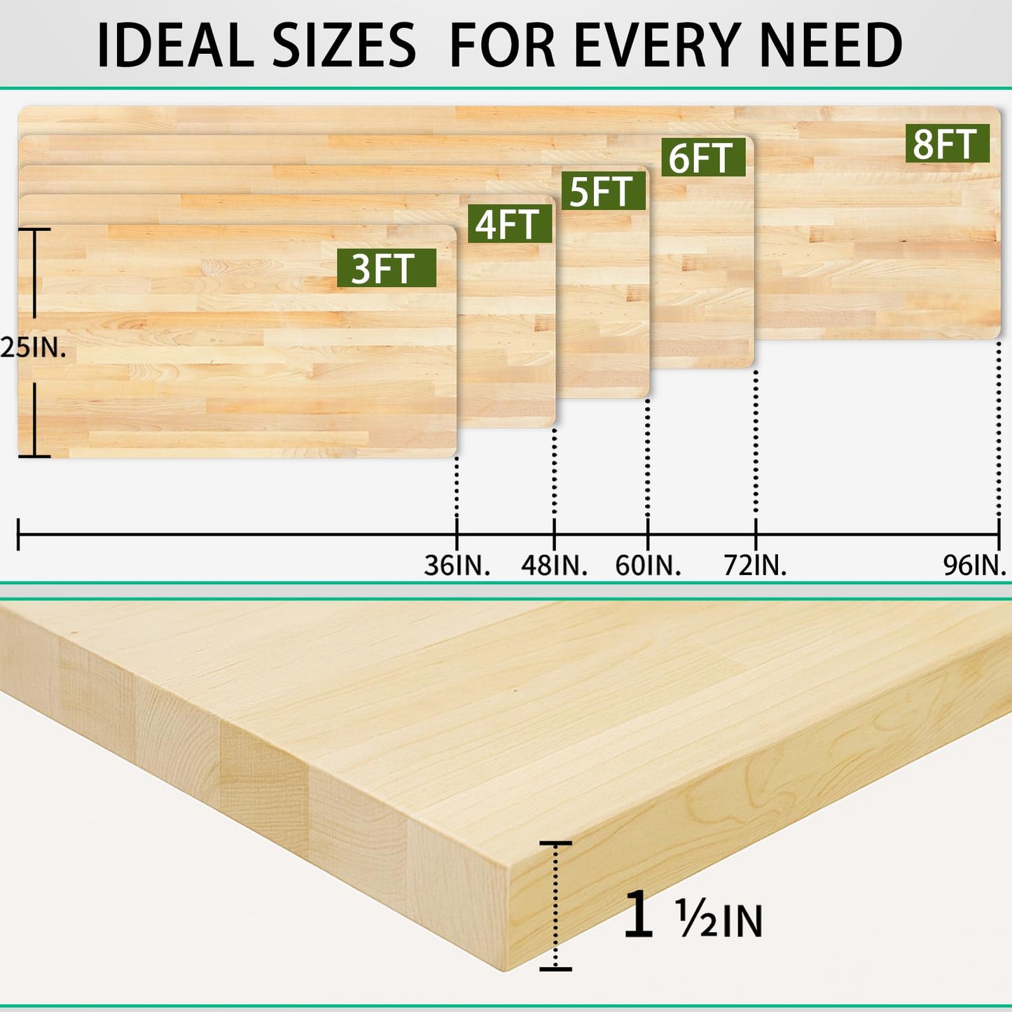3ft Butcher Block Countertop– 36"x25" Solid Birch Wood DIY Countertop, Durable Counter Table Tops for Kitchen Island, Bar, Workshop, Laundry Counters Dining Room Tables 1.5" Thick Unfinished