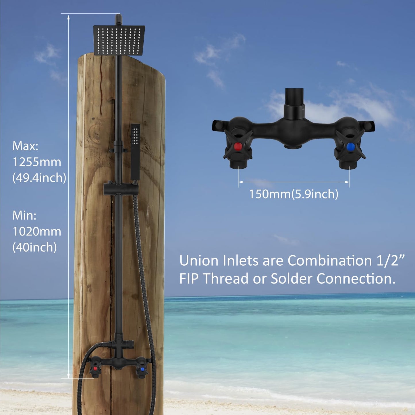 Aolemi Wall Mount Outdoor Shower Kit,Outdoor Shower Fixtures Faucet System with Handheld Spray,Double Handle 6 Inch Center Exposed Shower,with 6" Shower Head Matte Black