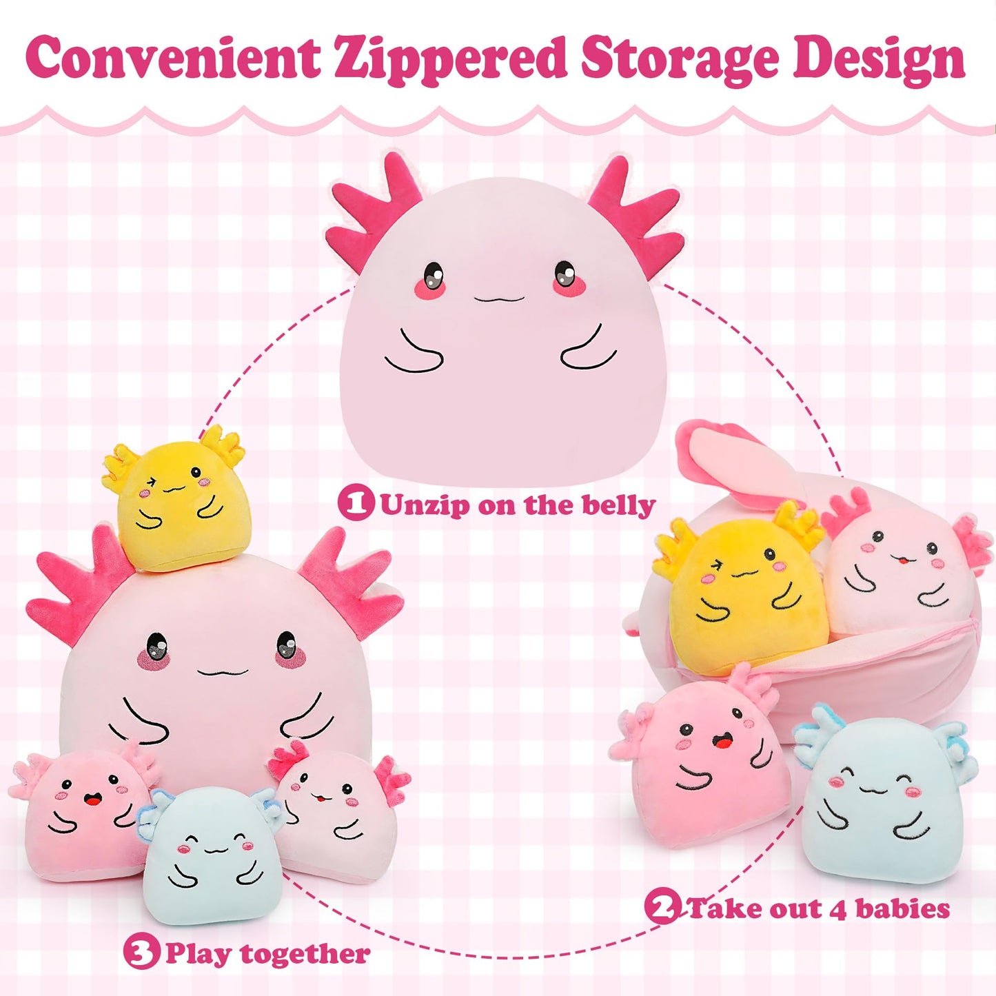 Axolotl Plush with 4 Babies Inside - 13 Inch Mommy Axolotl Plush Interactive 4 Colorful Baby in Tummy 5-Piece Cute Big Axolotls Adopt Toy Plushies for Girls Boys 0-8 Kids Birthday Baby ShowerGift