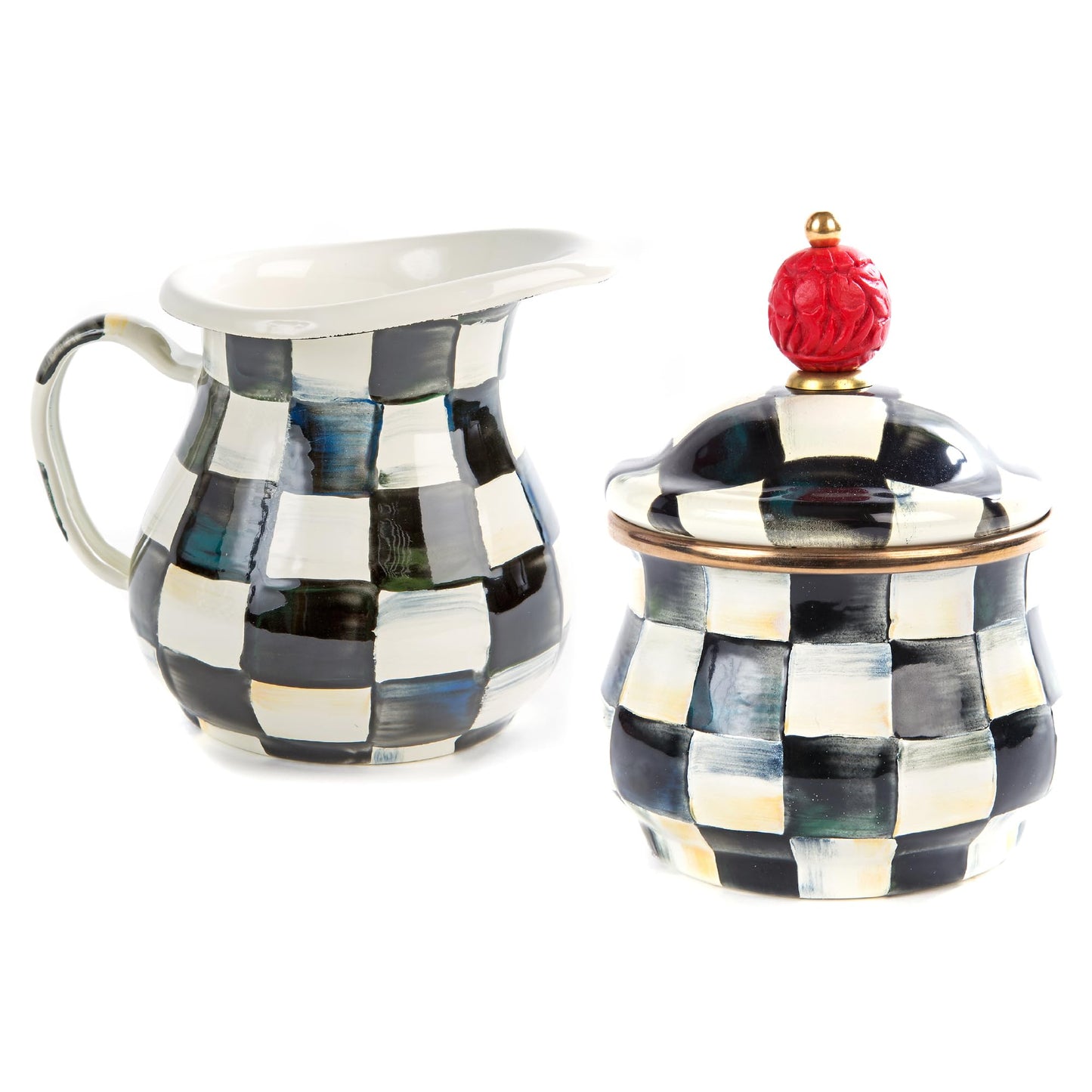 MACKENZIE-CHILDS Enamel Creamer and Sugar-Bowl Set, Cream Dispenser and Sugar Holder, Unique Kitchen Decor, Black-and-White Courtly Check