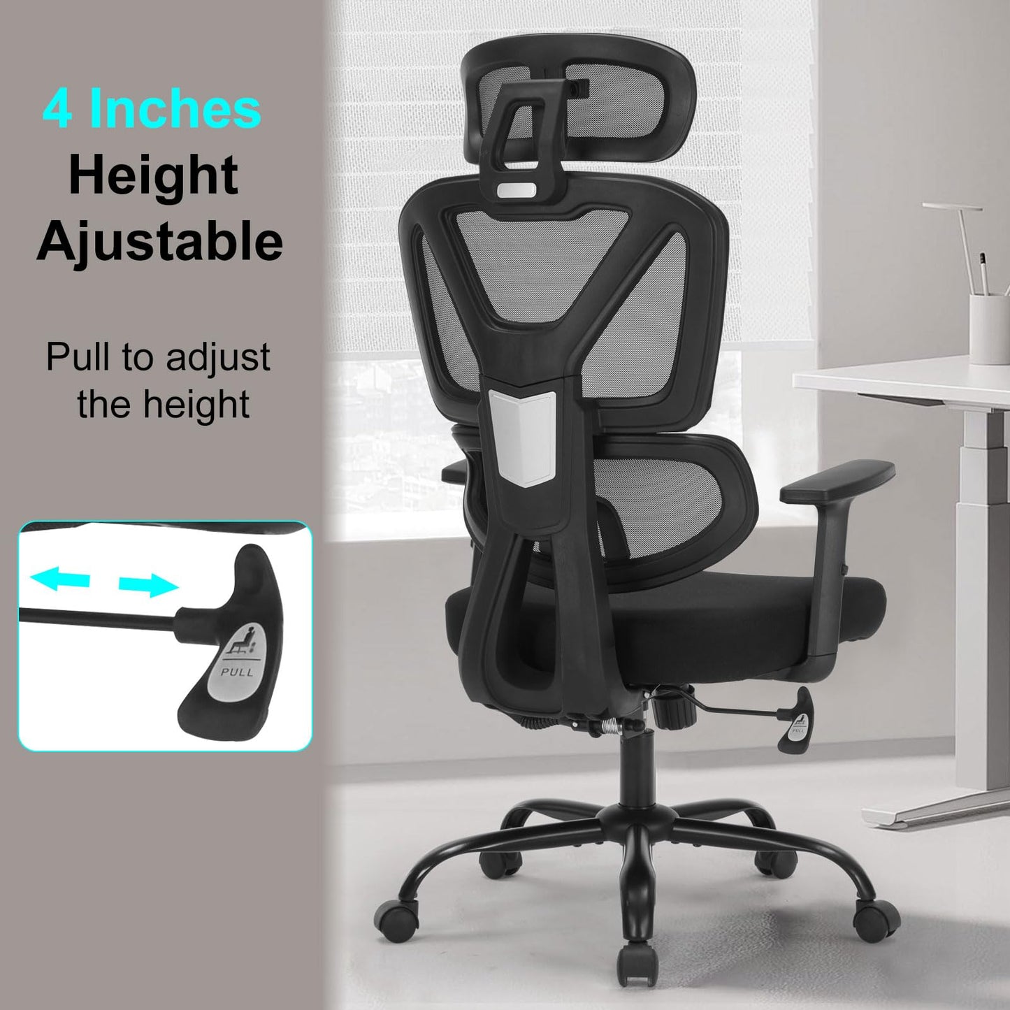 Home Office Chair, Ergonomic Desk Chair with Adjustable Height, Lumbar Support, High Back Mesh Computer Chair with Flip up Armrests, Task Chairs for Home Office - 300lb Executive Chairs (Black)