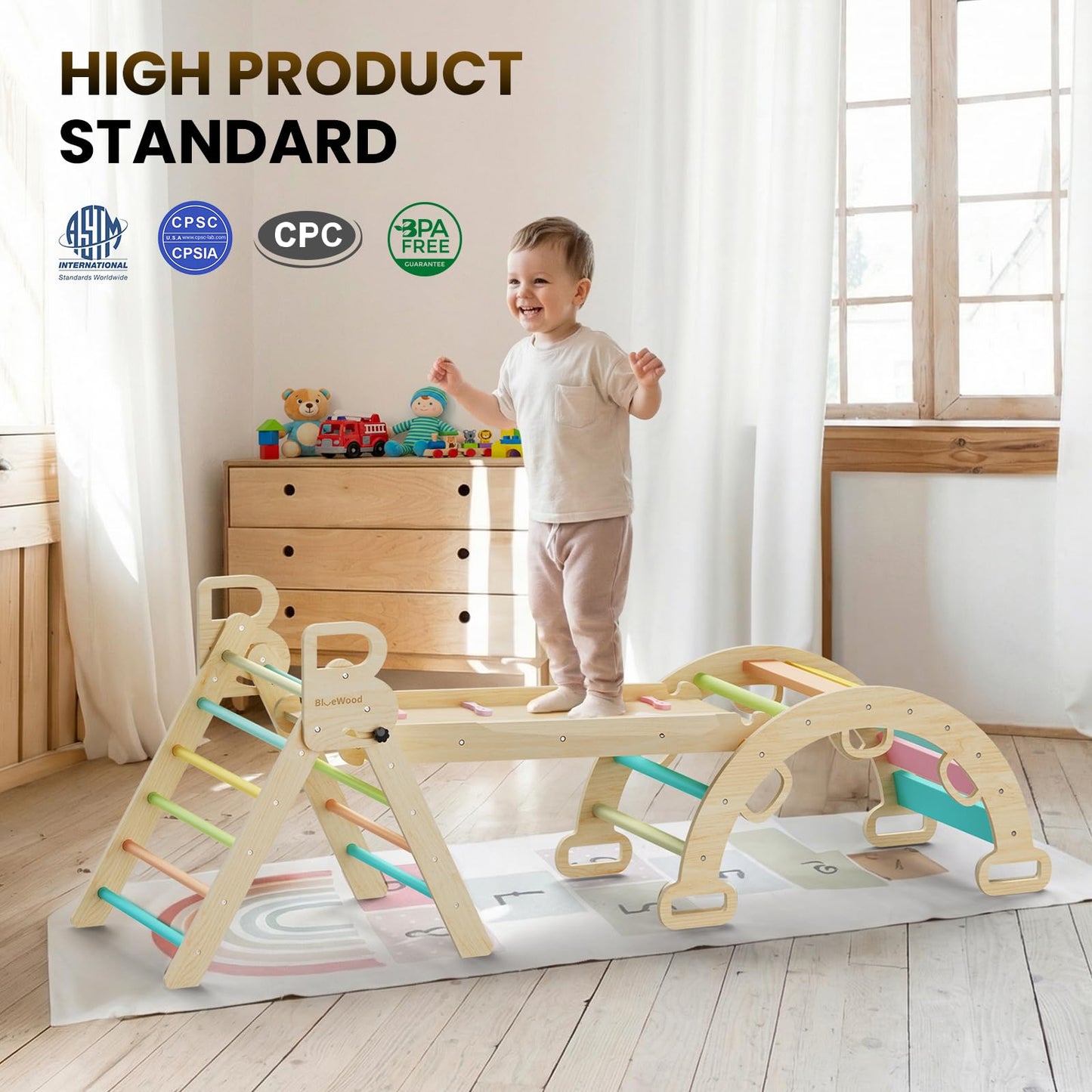 BlueWood Pikler Triangle Set 7in1 Foldable Baby Climbing Toys Wooden Montessori Climbing Set with Arch&Ramp&Ladder Baby Climber Indoor Jungle Gyms for Toddlers Montessori Toys - Rose Garden