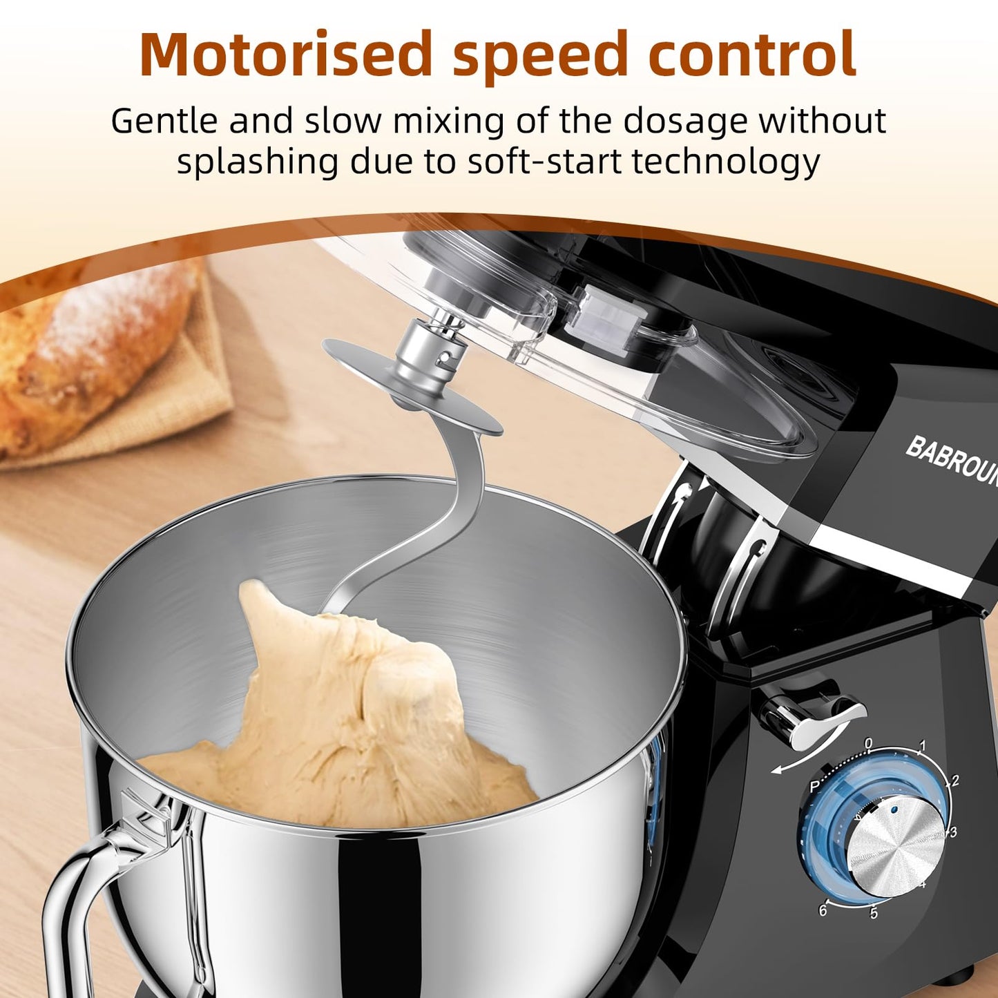 Babroun Dough Mixer 8.45 QT Electric Mixer - 660W 6 Speed Large Capacity Kitchen Stand Mixer with Whisk Dough Hook Mixing Beater Household Food Mixer for Baking Cakes Cookie Bread Salad