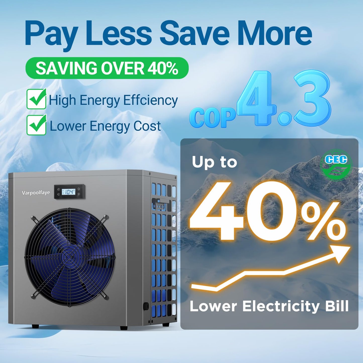 Varpoolfaye 16000 BTU Swimming Pool Heat Pump 5000 Gallon Electric Pool Heater for Above Ground Pool 5KW Heating or Cooling WiFi Control Timer Pool Heater 120V 60Hz