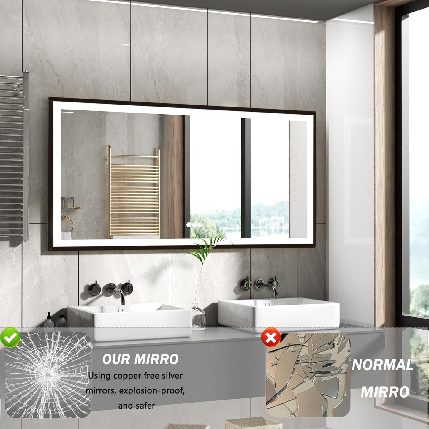 BBRUN 36" L x 60" W LED Bathroom Mirror with Lights, Dimmable Framed Bathroom Vanity Mirror, Anti-Fog, Backlit and Front Lighted, Stepless Dimmable Lighted Mirror, Lighted Vanity Mirror for Wall
