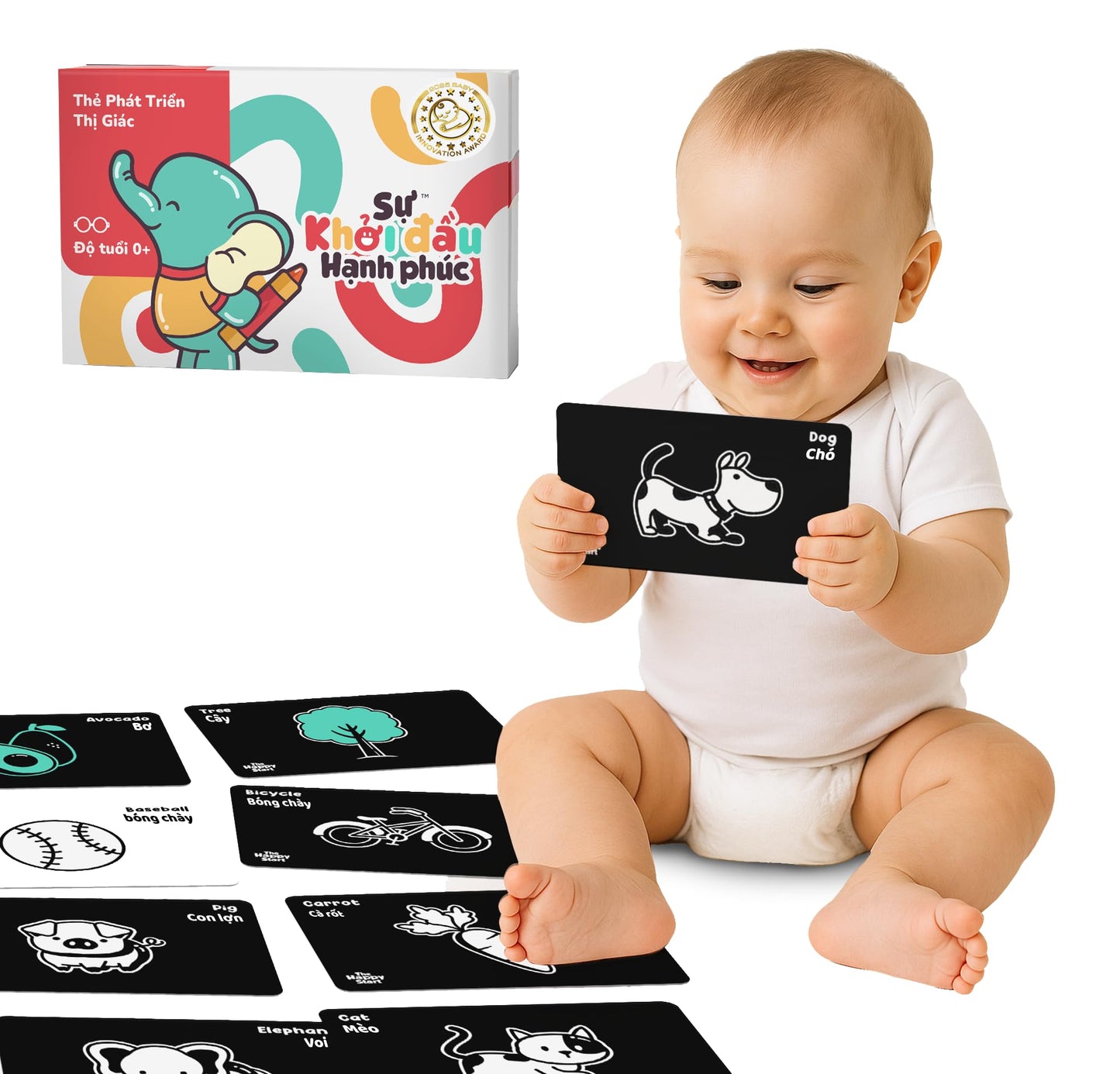 Happy Start High Contrast Baby Cards for Newborns - Black & White Cards, Water-Resistant, BPA-Free, Portable Educational Flashcards for Visual Stimulation, Award-Winning, Ages 0+(English & Vietnamese)