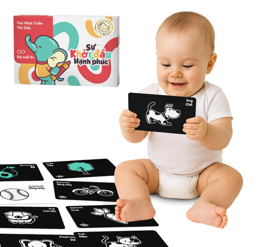 Happy Start High Contrast Baby Cards for Newborns - Black & White Cards, Water-Resistant, BPA-Free, Portable Educational Flashcards for Visual Stimulation, Award-Winning, Ages 0+(English & Vietnamese)