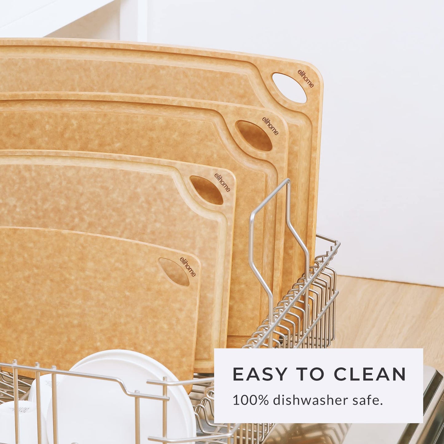 Elihome Classic Series 4-in-1 Cutting Board Set for Kitchen, Natural Wood Fiber Composite, Dishwasher Safe, Eco-Friendly, Juice Grooves with Easy Grip Handles,Non Porous, BPA Free, Made in USA