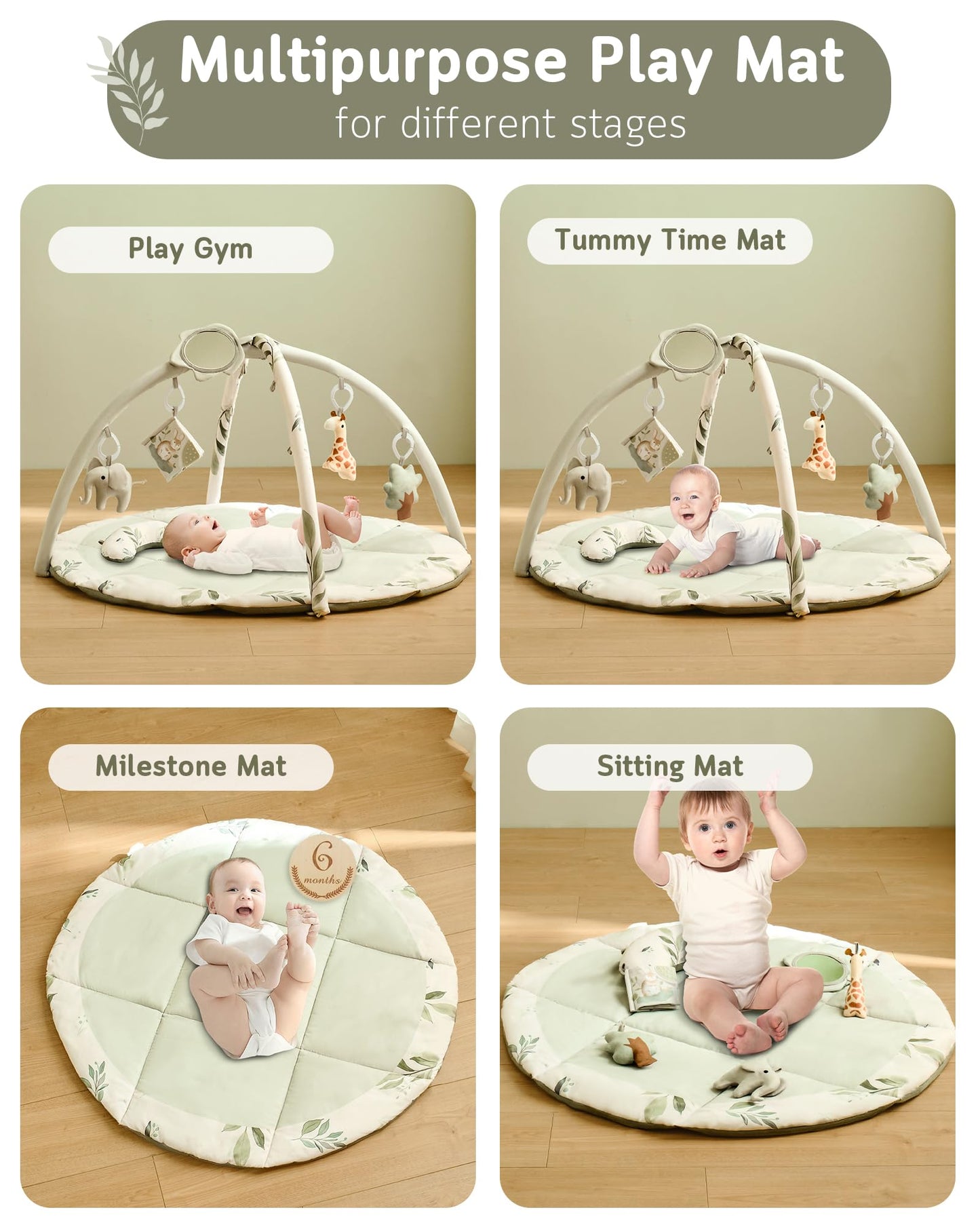 Fortella Baby Play Gym & Activity Mat, Machine Washable & Foldable Tummy Time Mat with 5 Detachable Toys, Certified Safe Newborn Essentials Gift for Baby Registry 0-12 Months (Sage Green)