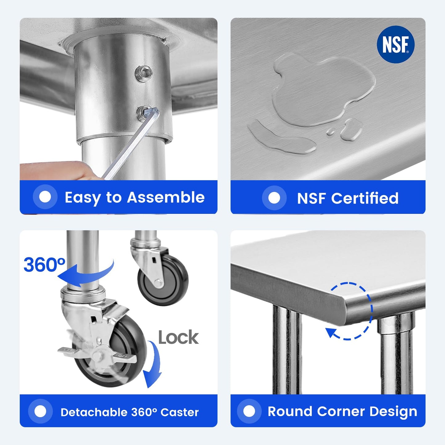 Hally Stainless Steel Table for Prep & Work 24 x 72 Inches with Caster Wheels, NSF Commercial Heavy Duty Table with Undershelf and Galvanized Legs for Restaurant, Home and Hotel