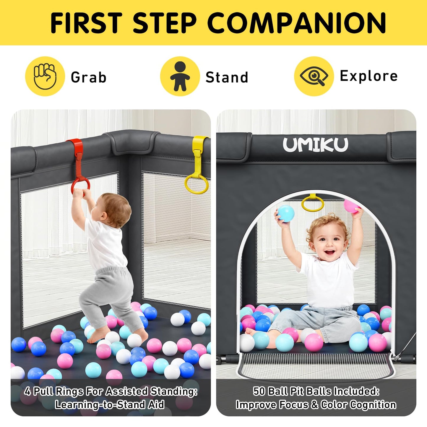 Baby Playpen Foldable Playpen for Babies and Toddlers, Large Playpens Portable Play Pen Play Yard for Kids Fence Indoor Outdoor Travel 4 Handlers 50 Balls Baby Gifts Essentials 50"X50" Dark Grey