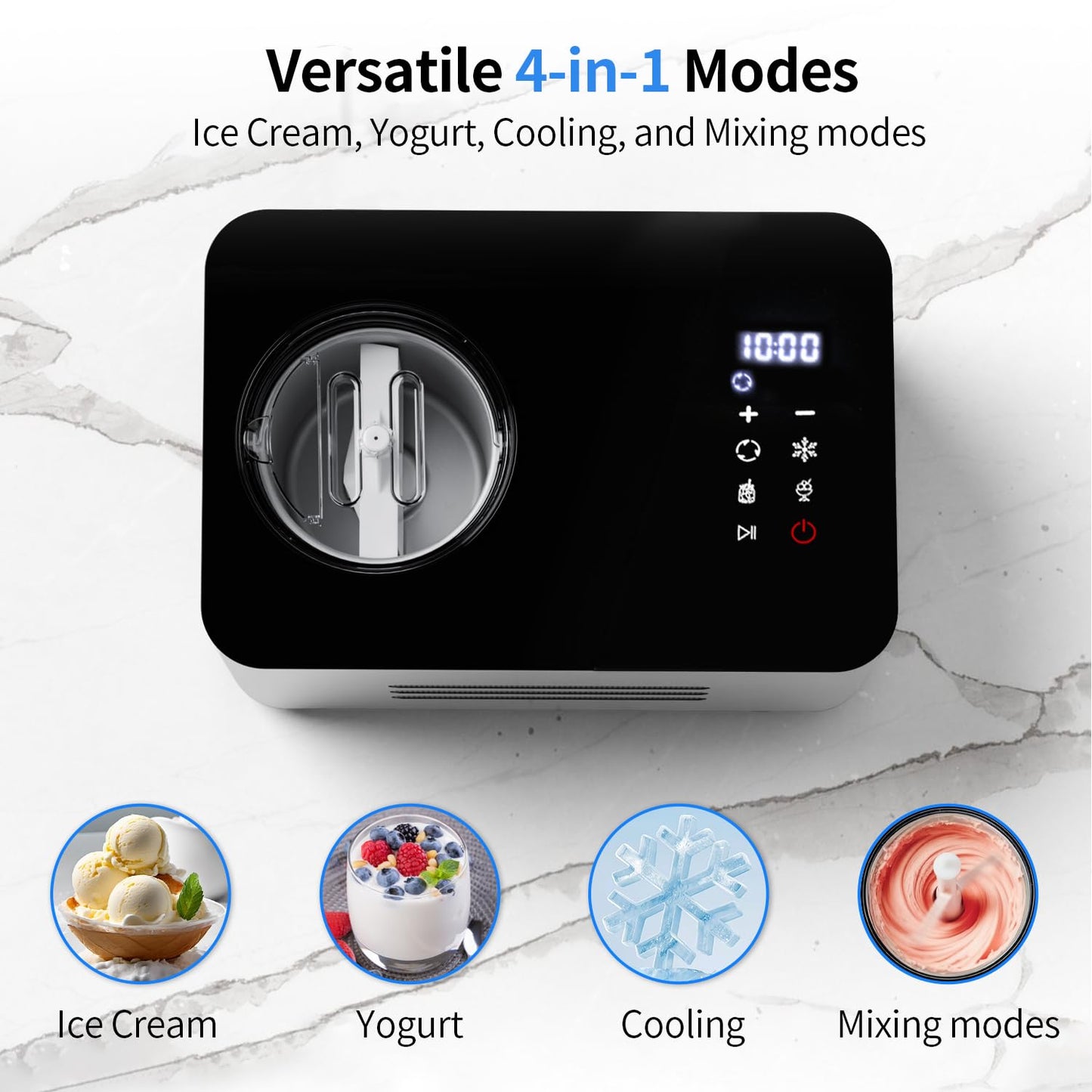 Ice Cream Maker Machine with Compressor: 2.1 Quart Stainless Steel Yogurt Maker - No Pre-Freeze Ice Cream Machine with LCD Display & Timer