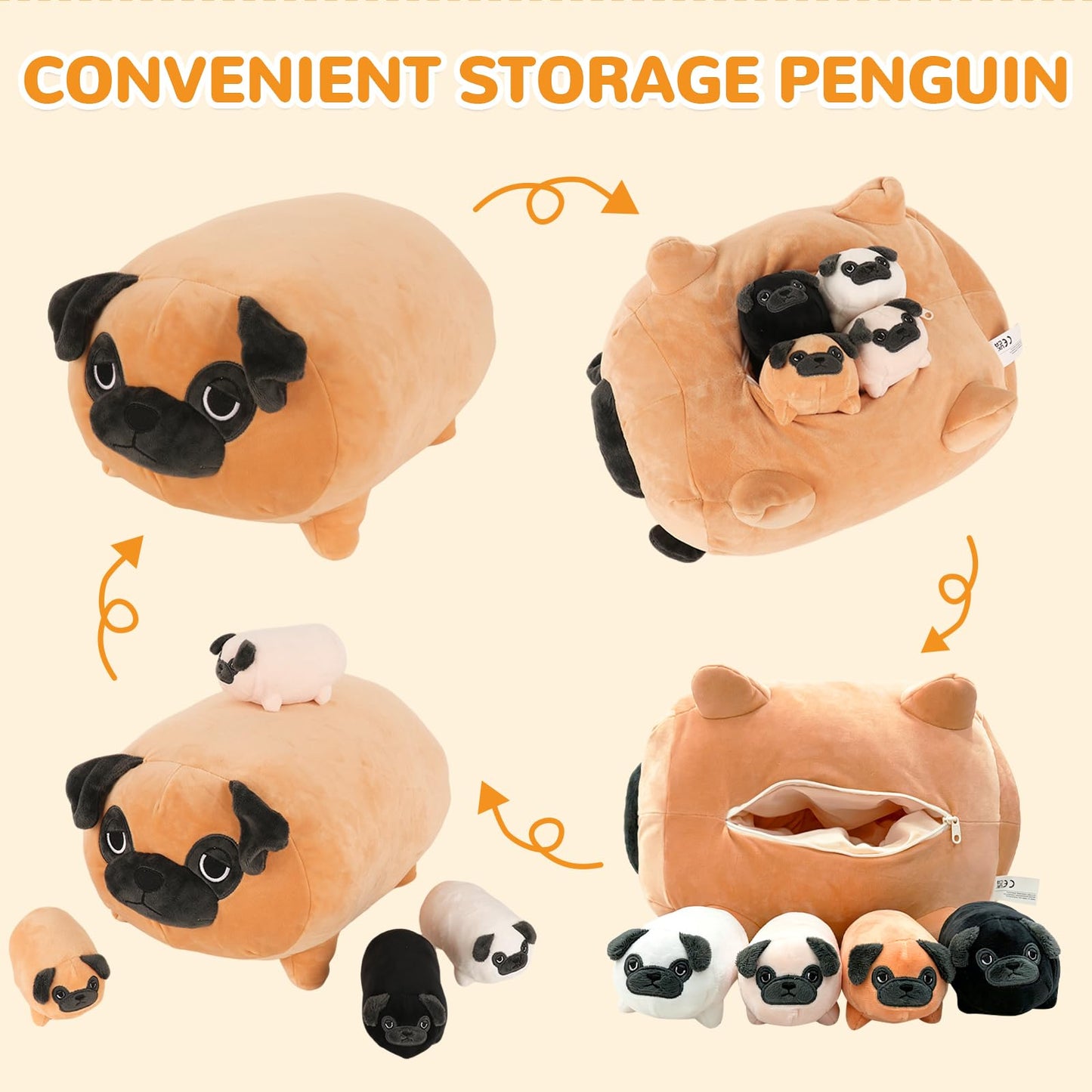 MMguai 16 Inch Large Pug Stuffed Animals with Babies, Mommy Pug Dog with Puppies Inside Belly,Soft French Bulldog Pillow Plush Toy Plushie Gift for Kids Boy Girl, Brithday Decor