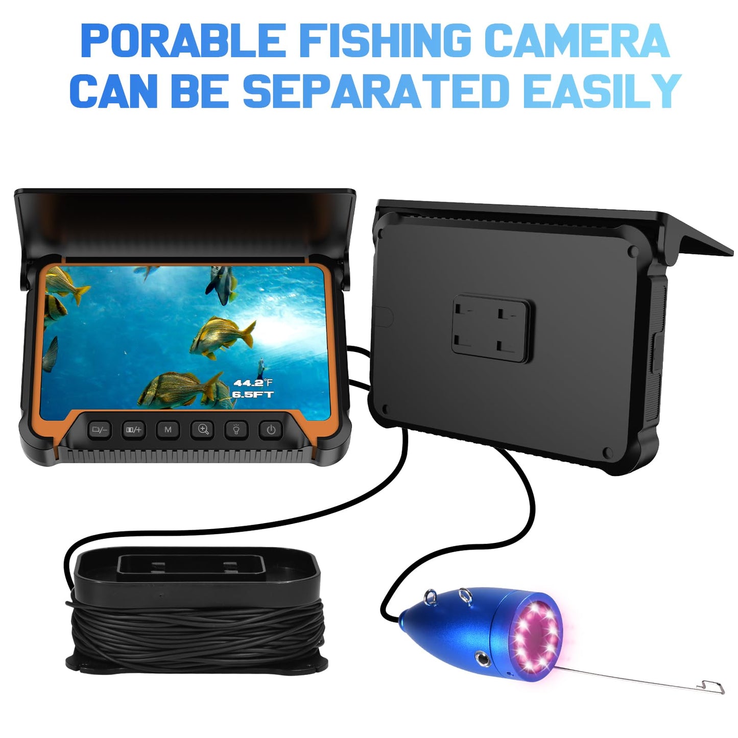 Underwater Fishing Camera w/Temp Depth Sensor,7" HD Fish Finder Camera 100ft Long Cable IR LED Night Vision Wide Angle Lens Line Camera for Kayak Lake Boat Ice Fishing Portable Fish Finder