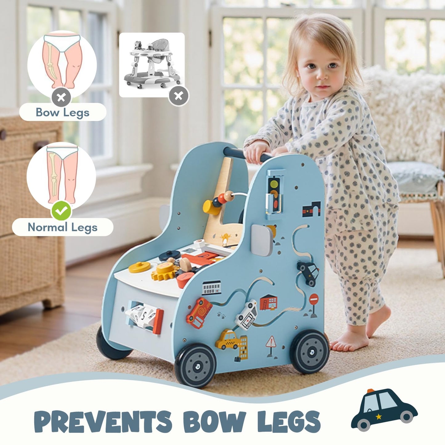 Giant bean 11-in-1 Wooden Baby Walker with Activity Center, Car Theme Montessori Walking Toy with Steering Wheel Tool Bench, Push Walker Speed Adjustable, Learning to Walk Gift for Toddler 1-6