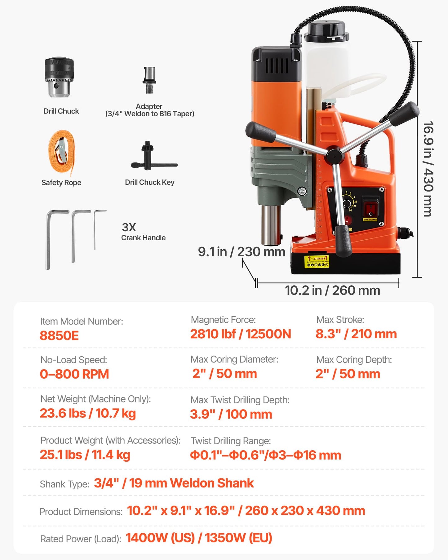 VEVOR Magnetic Drill Press, 1400 W, 2 in Boring Diameter, 2810 lbf Power Portable Mag Drill Press, 0–800 RPM Adjustable Speed, with Weldon Shank, for Metal Surface, Industrial and Home Improvement