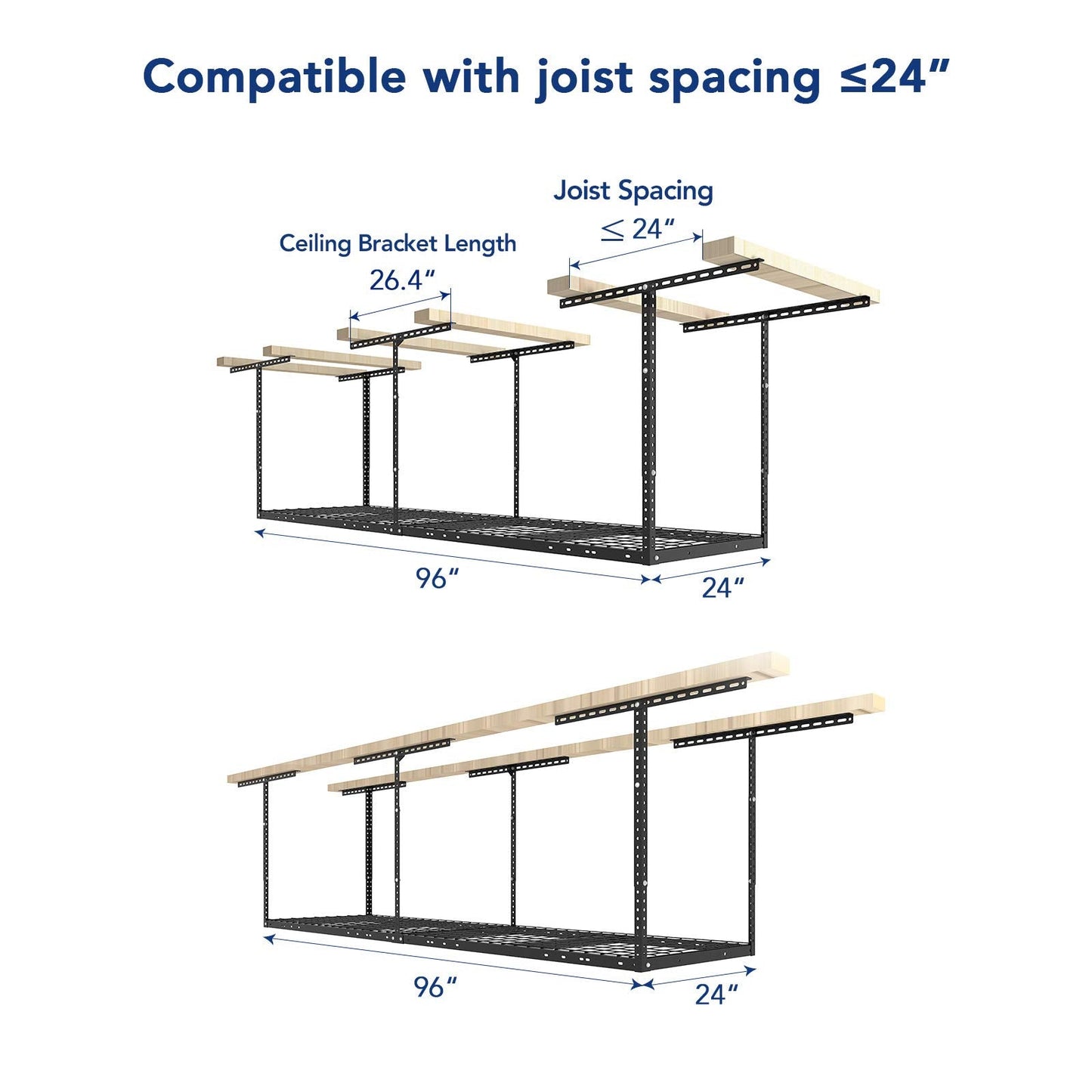 FLEXIMOUNTS 2x8 Garage Storage Rack, Adjustable Overhead Storage Organization System, Heavy Duty Metal Ceiling Rack, 400lbs Weight Capacity, Black, Classic Series