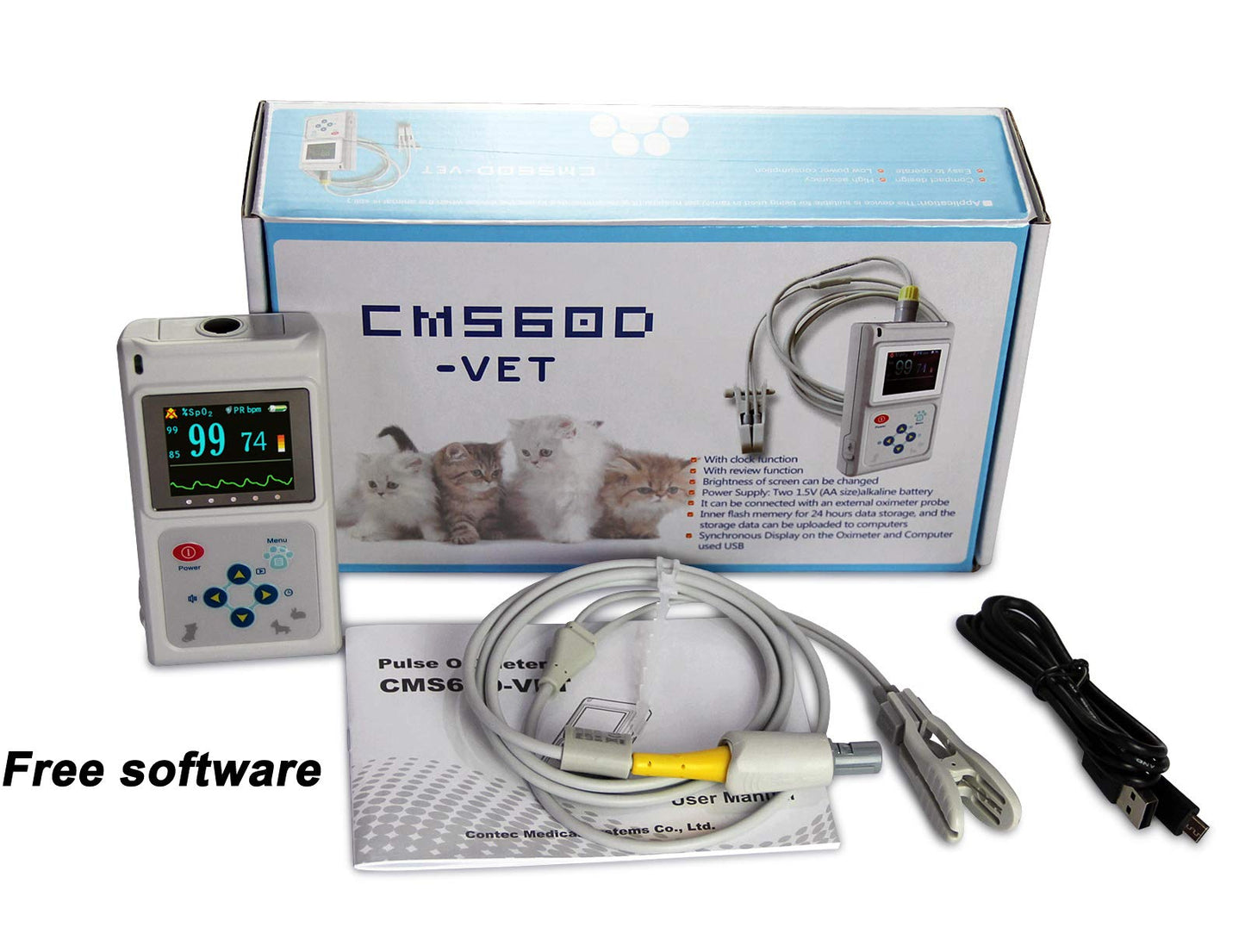 CONTEC CMS60D-VET Veterinary Pulse Oximeter Handheld Machine for Cat and Dog with Pulse Rate Tongue/ear SPO2 Probe