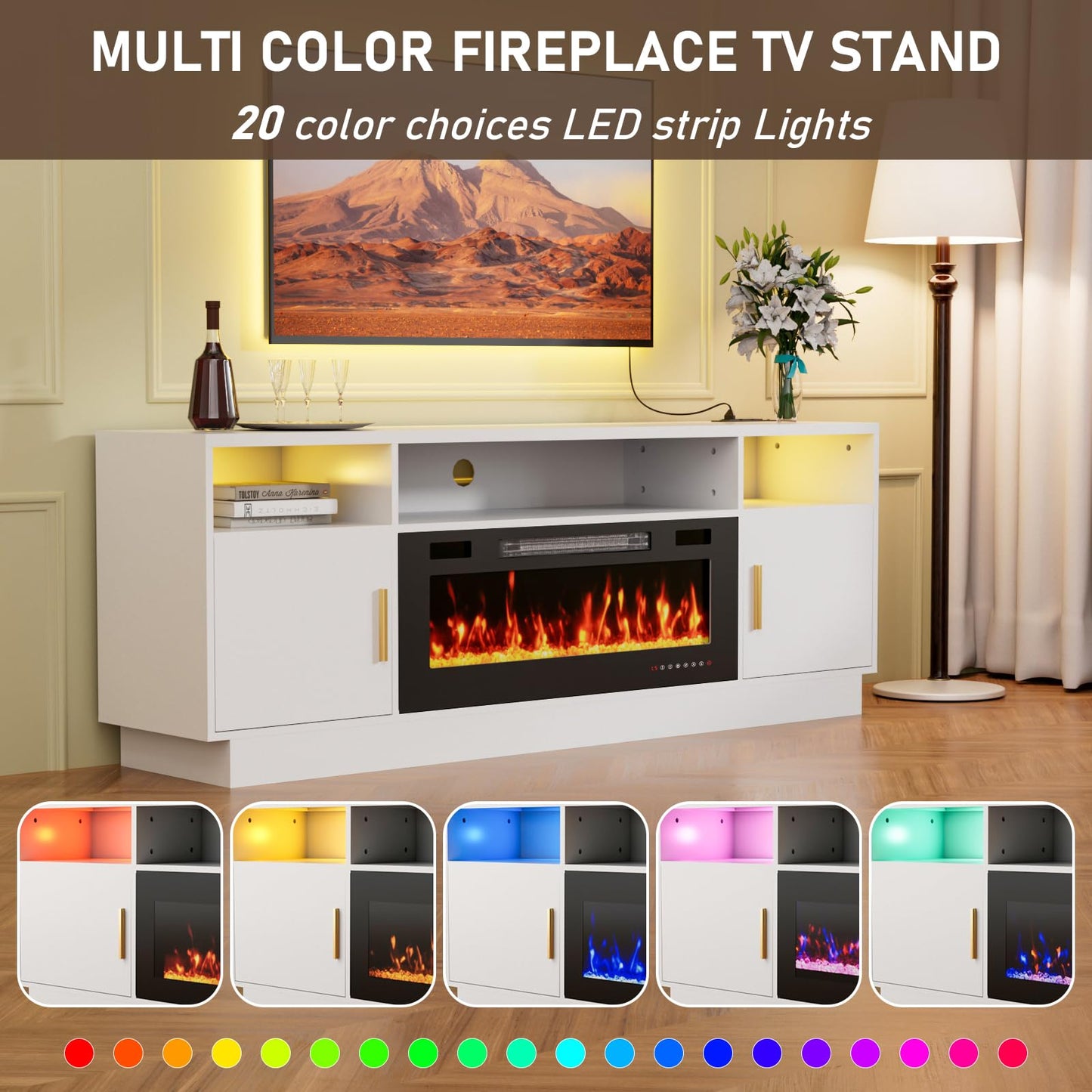 BREEZEHEAT TV Stand with Fireplace-Fireplace TV Stand for 75+ inch TV, LED Entertainment Center for Living Room w/ 36" Fireplace Inserts, TV Console with Cabinet, Power Outlets, Remote Control,White