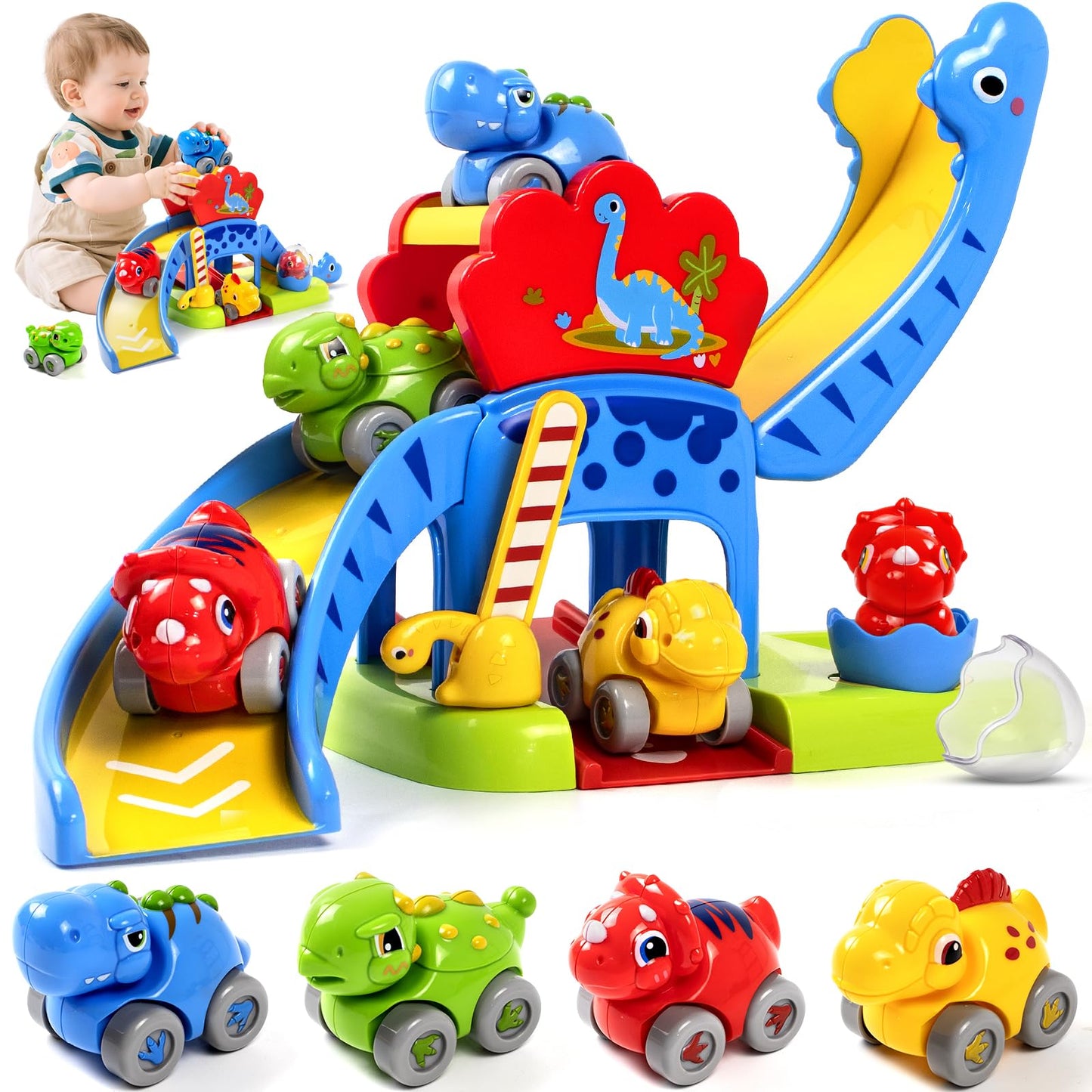 Marstone Toddler Toys 1 2 Year Old Boy Gifts: Dinosaur Slide with 4 Animal Cars Educational Baby Toys 12-18 Months, First 1st Birthday Gifts for Kids, Girls, Push Car Race Track for Toddlers 1-3